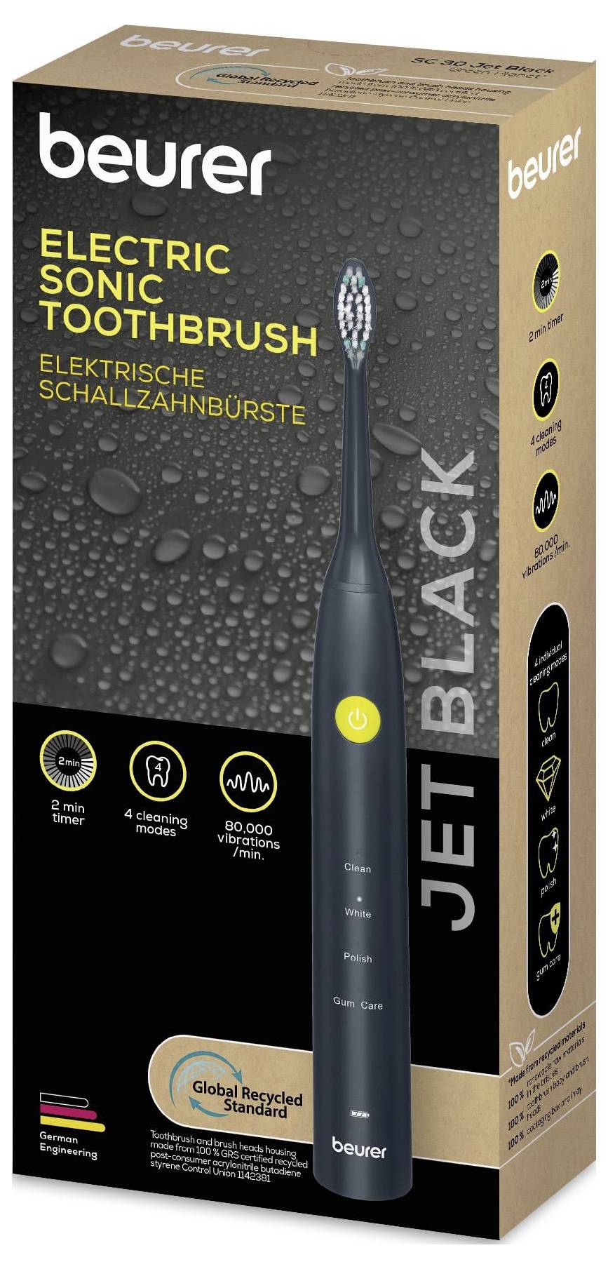 Balení 'Beurer Jet Black Electric Sonic Toothbrush' s obrázkem zubního kartáče, údaji o režimech a logem 'Global Recycled Standard'.