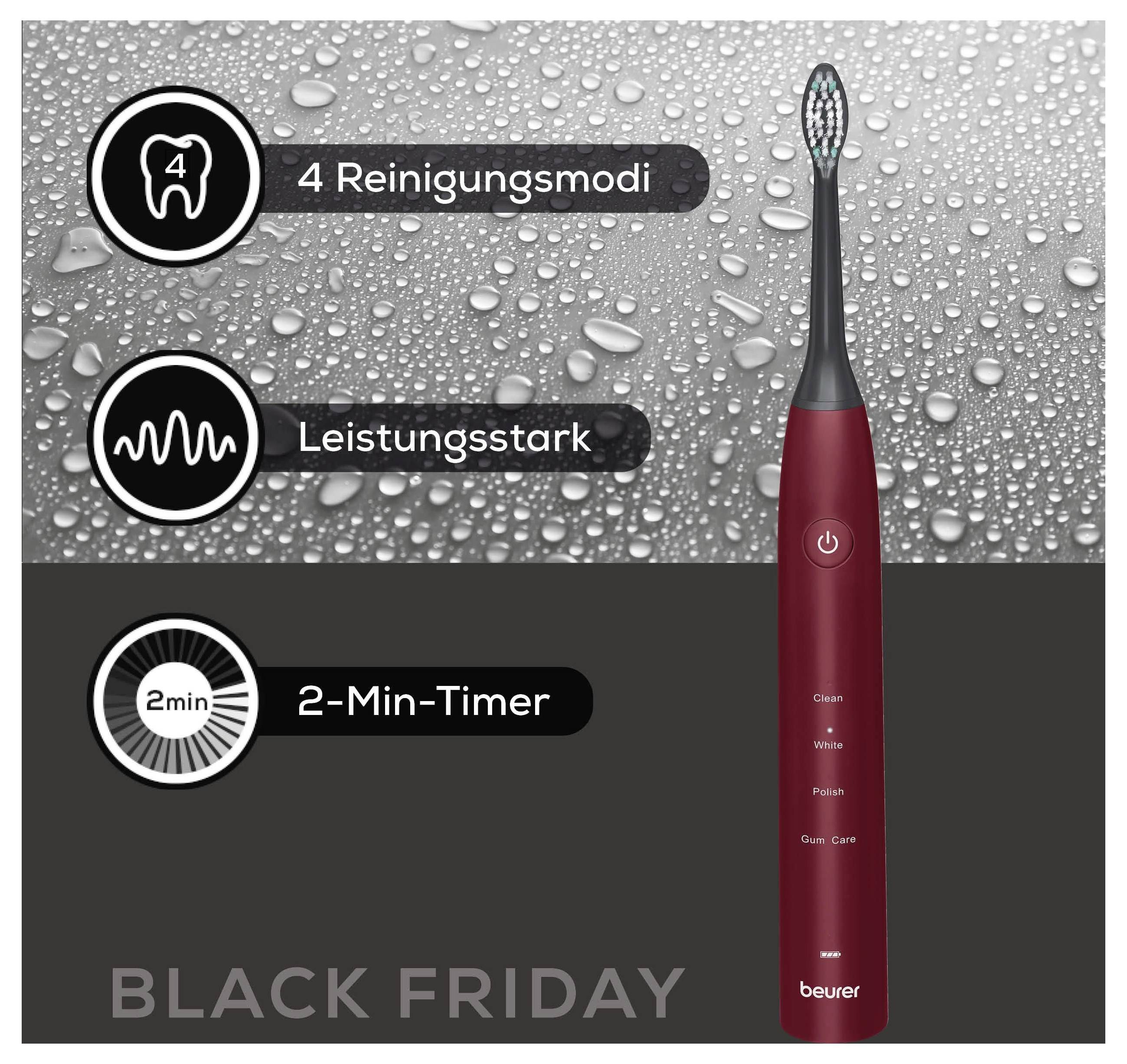 Black Friday nabídka na elektrický zubní kartáček Beurer, zobrazující "4 režimy čištění", "Výkonný" a "2minutový časovač" vedle červeno-černého kartáčku.