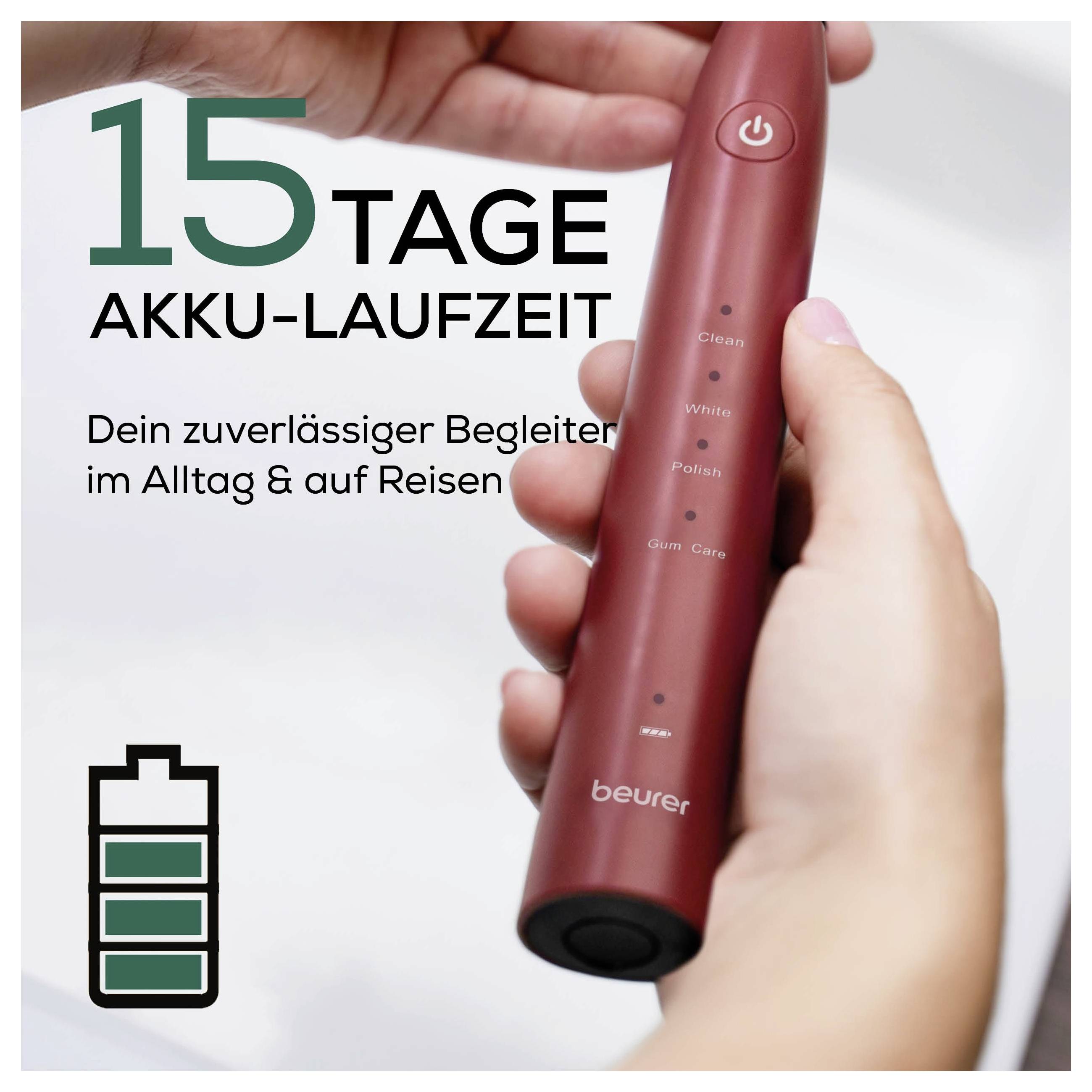 Inzeráty pro červené ruční zařízení Beurer s textem „15 dní výdrže baterie" a ikonou baterie, které ukazují dlouhou dobu provozu baterie pro každodenní používání a cestování.