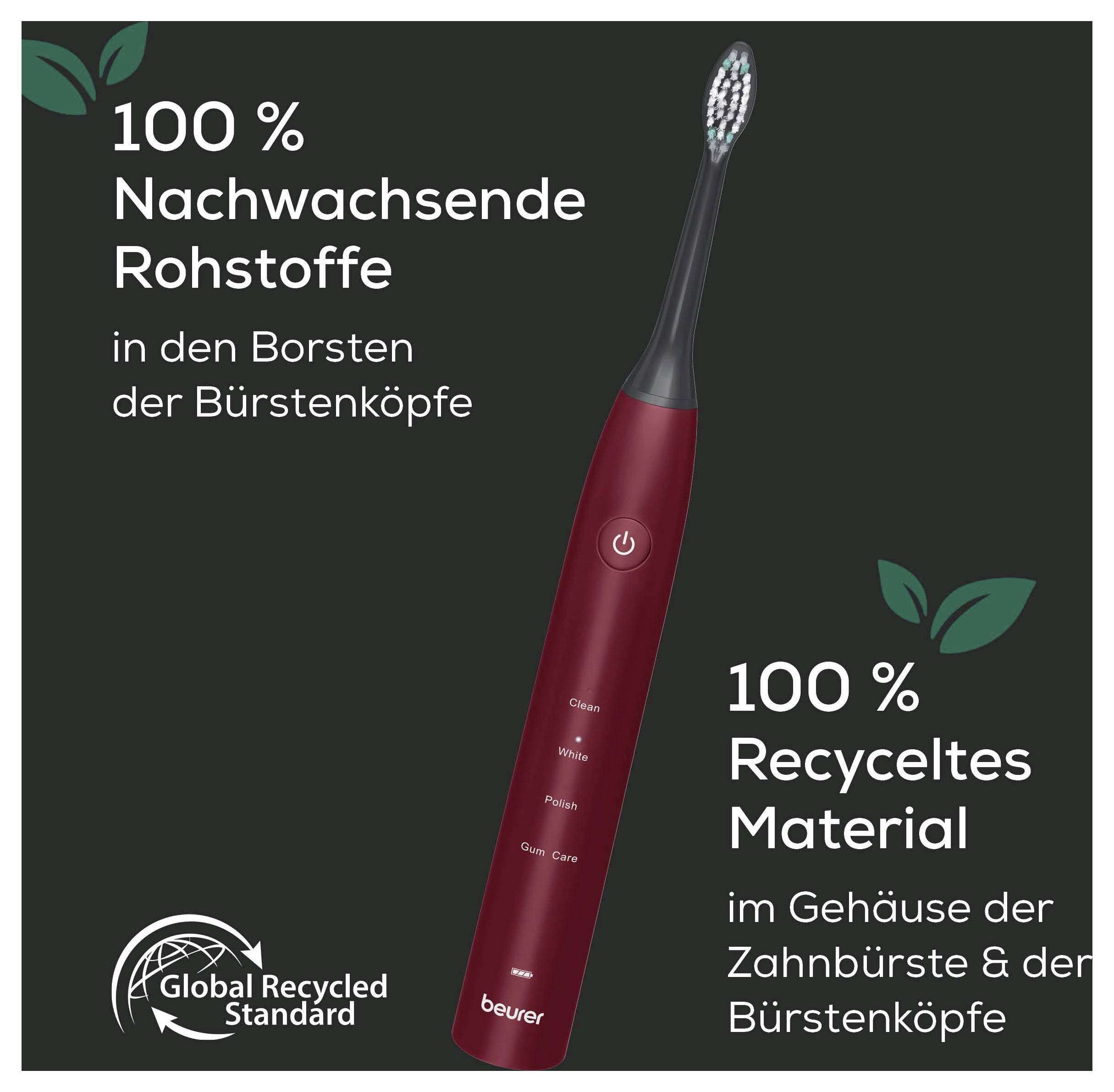 Červený elektrický zubní kartáček na tmavém pozadí s německým textem uvádějícím „100% obnovitelné suroviny" v vláknech a „100% recyklovaný materiál" v těle kartáčku a hlavicích kartáčku.