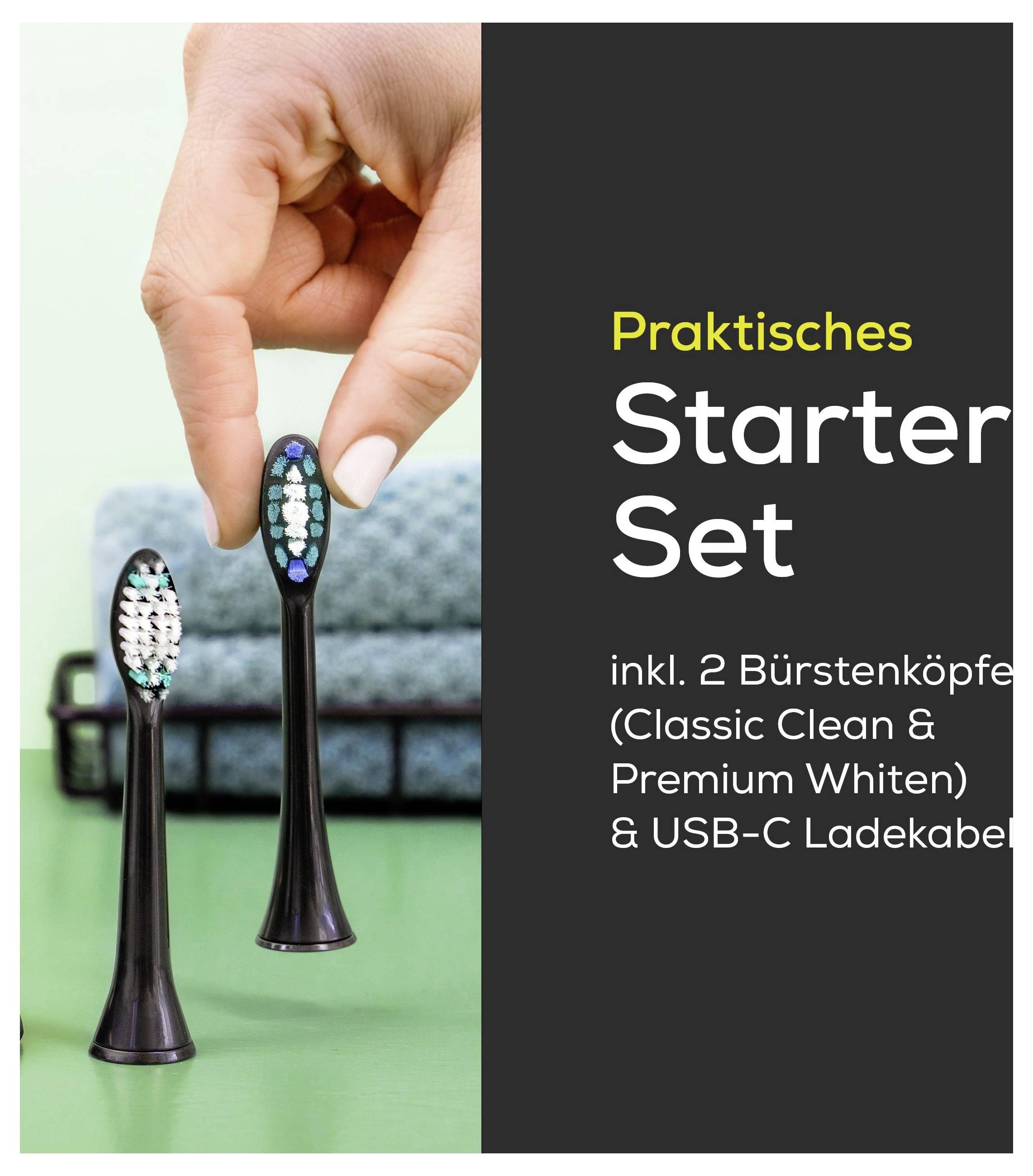'Praktická startovací sada: obsahuje 2 hlavice zubního kartáče (Classic Clean & Premium Whiten) a nabíjecí kabel USB-C.' Jsou zobrazeny dva hlavice zubního kartáče.