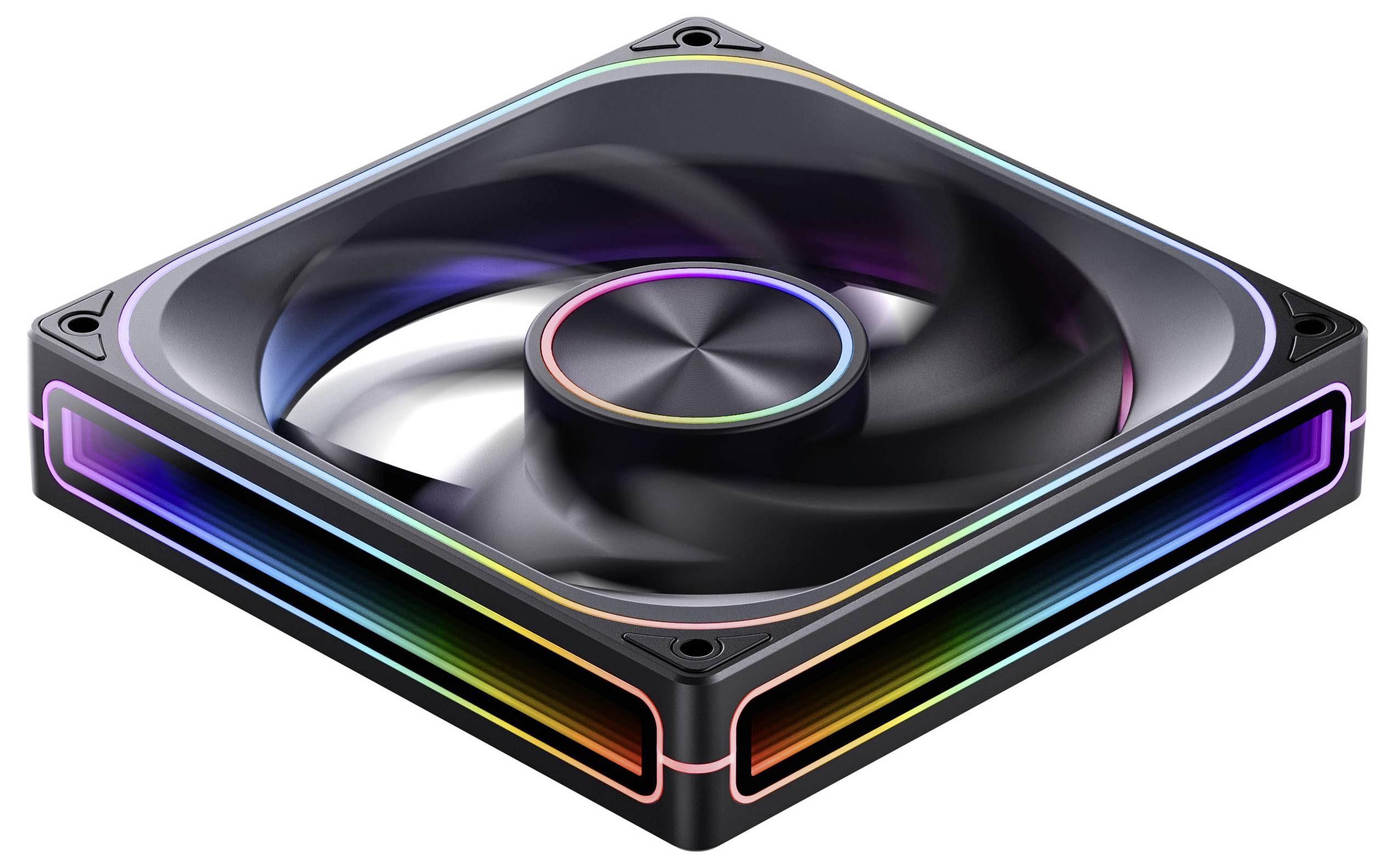 Čtvercový počítačový chladicí ventilátor s RGB osvětlením na stranách, který se rychle otáčí.