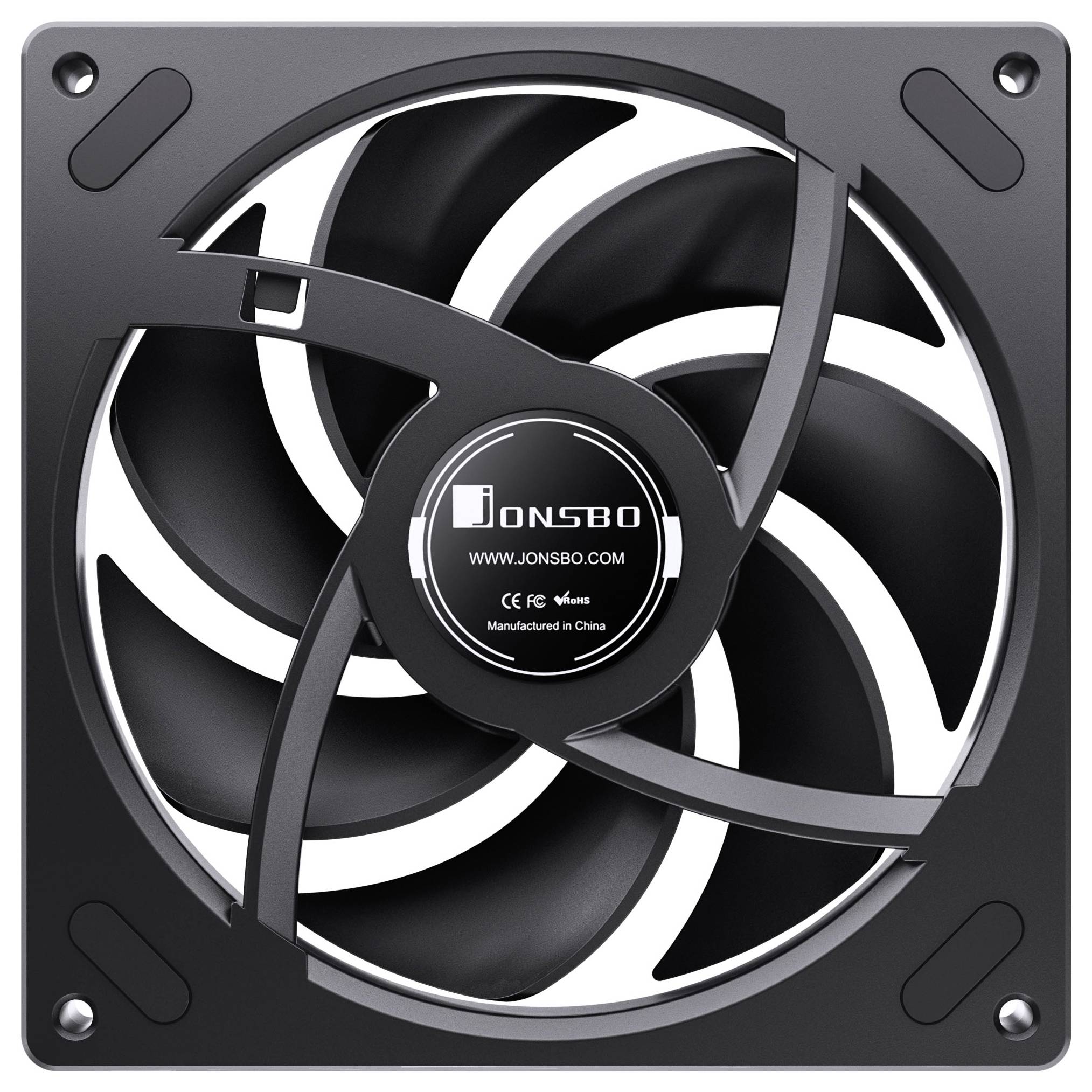 Černý počítačový ventilátor s ohnutými lopatkami, v centru označený nápisem "Jonsbo", s webovou adresou a údaji o výrobě vytištěnými na něm.