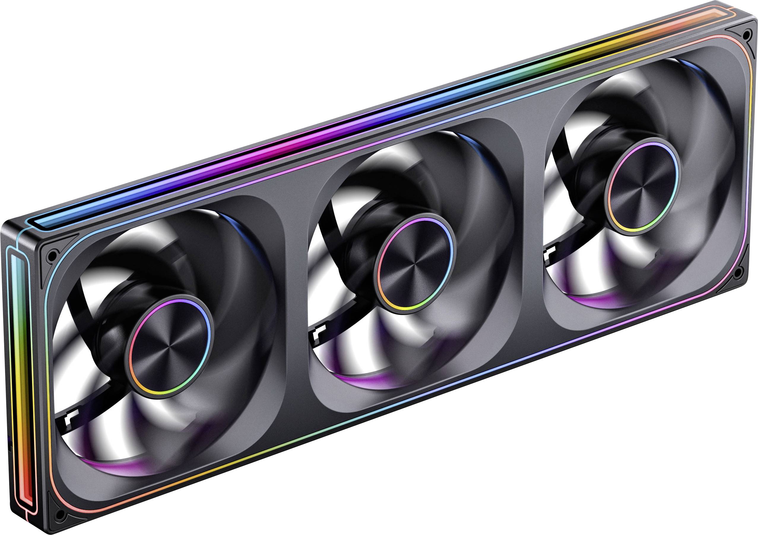 Trojitý ventilátor počítačového chladicího systému s RGB osvětlením, navržený pro zlepšený průtok vzduchu a regulaci teploty v high-performance setupech.