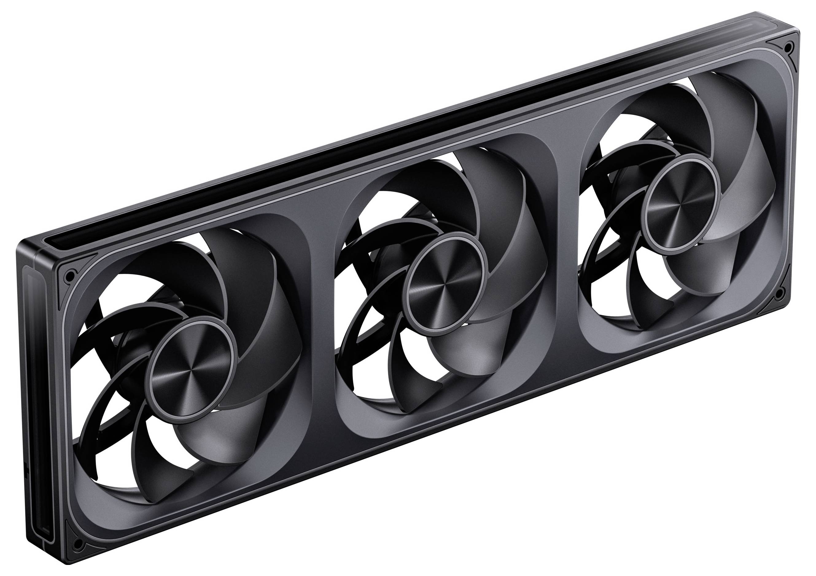 Tři černé počítačové chladicí ventilátory uspořádané v lineární řadě, navržené pro efektivní odvod tepla uvnitř skříně počítače.