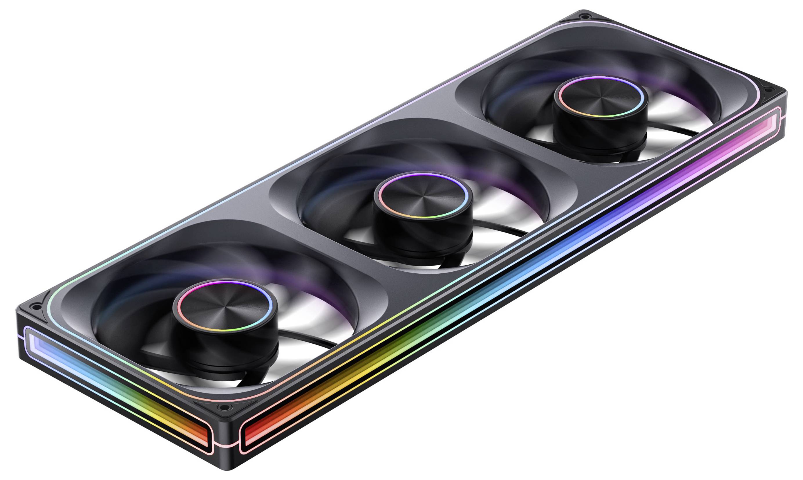 Chladicí ventilátor počítače se třemi RGB osvětlenými ventilátory umístěnými v obdélníkovém rámu, navržený pro zvýšený průtok vzduchu a estetickou přitažlivost.