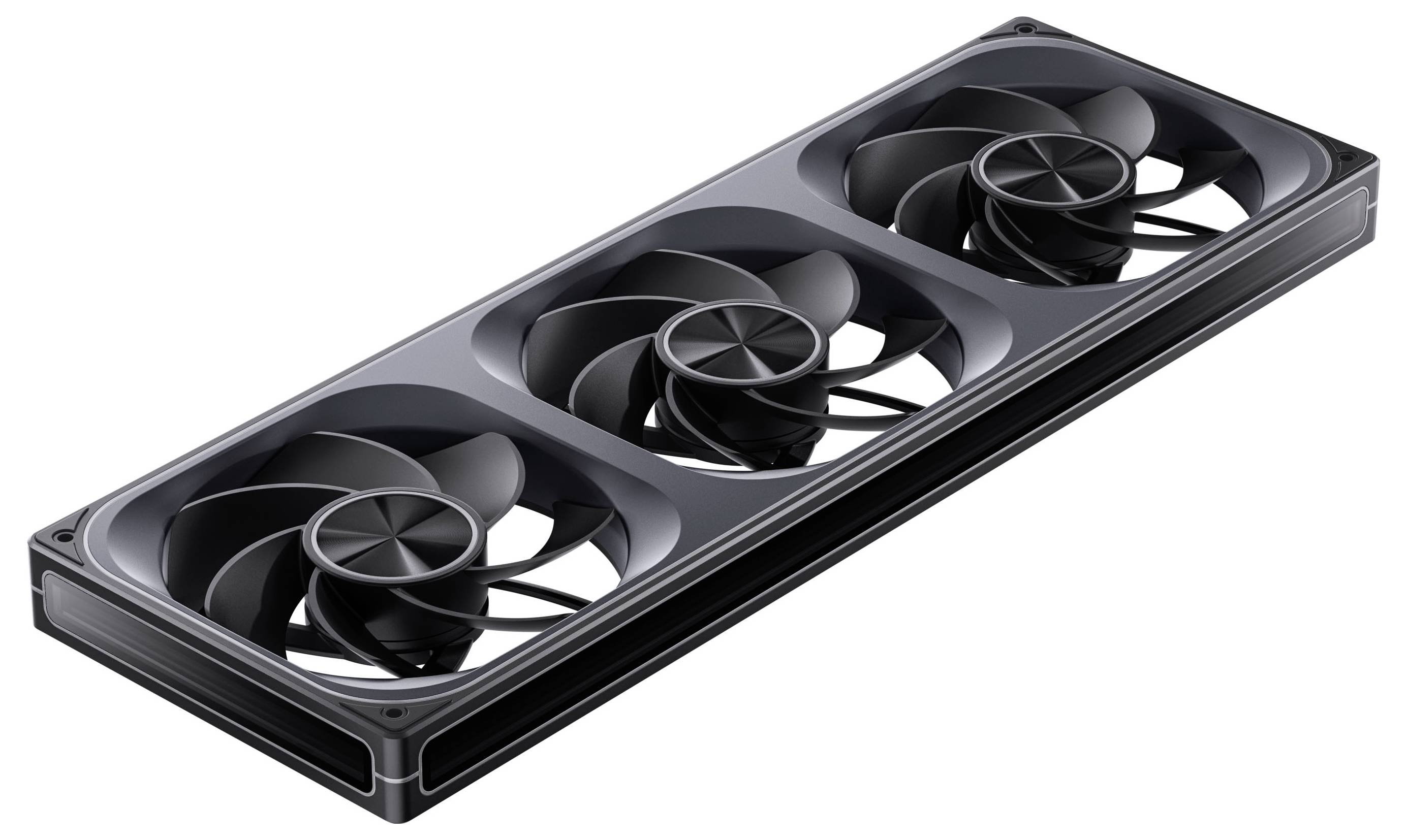 Trojitý chladicí systém počítače s černými lopatkami a elegantním designem, který se používá k zlepšení průtoku vzduchu a chlazení hardwaru PC.
