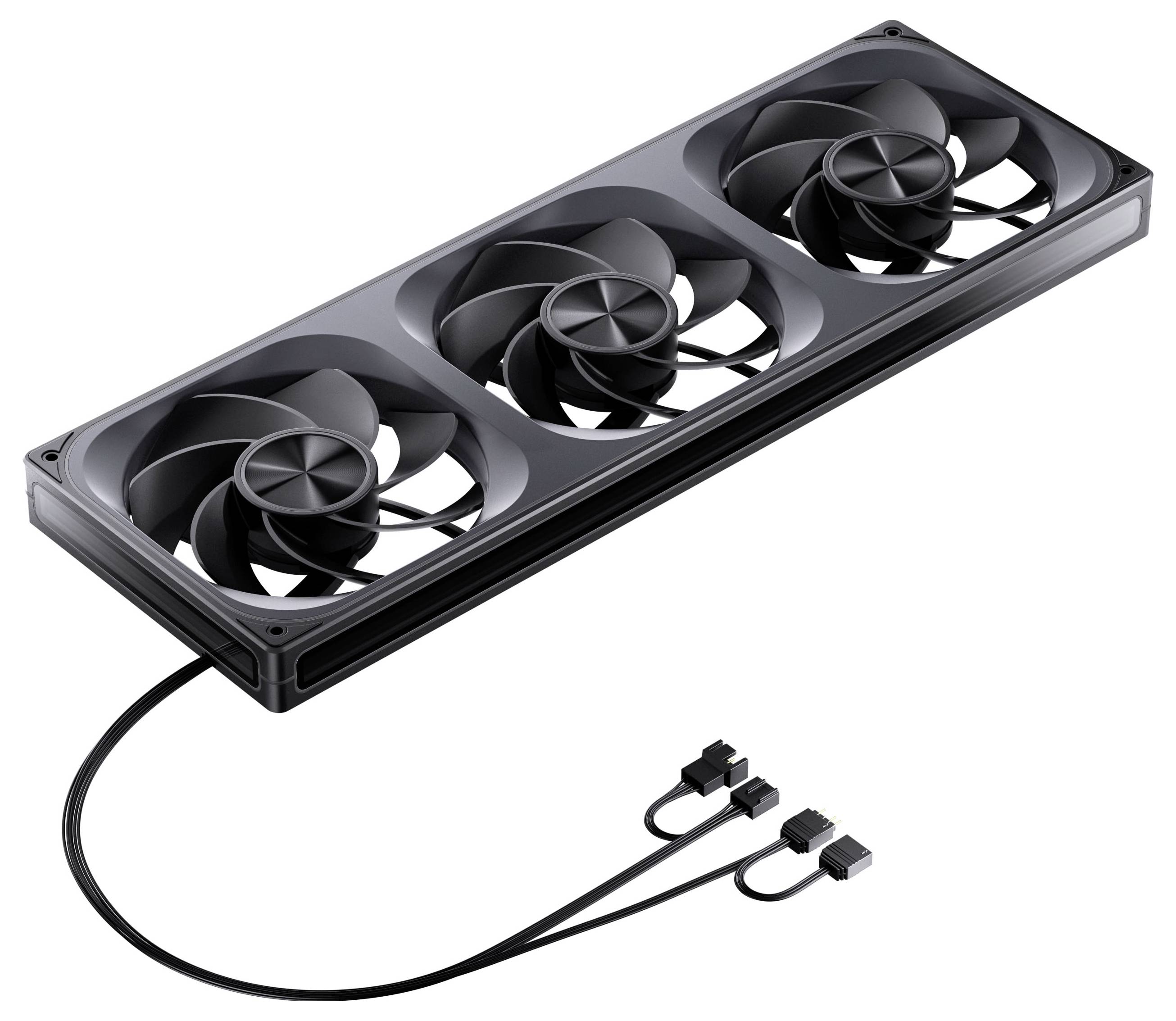 Černý chladicí ventilátor do počítačové skříně se třemi chladicími lopatkami a dvěma připojenými kabely, navržený pro efektivní větrání v počítačových systémech.