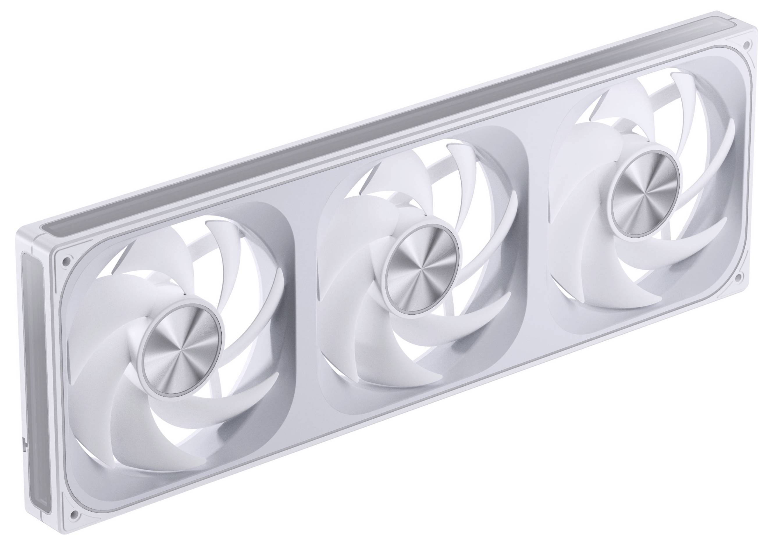 Bílý počítačový chladicí systém se třemi rotujícími ventilátory v obdélníkovém rámu, navržený pro efektivní odvod tepla a proudění vzduchu.