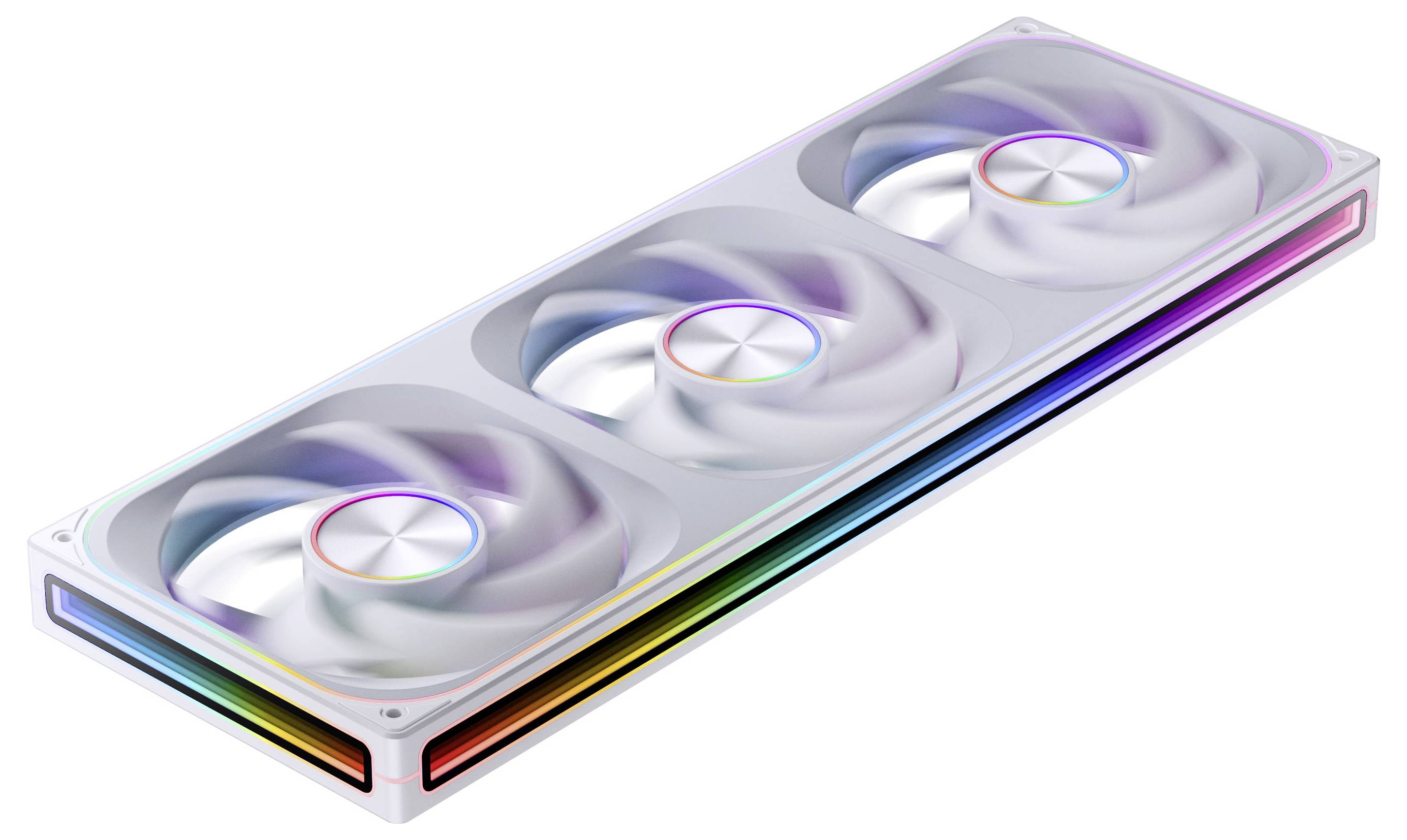 Bílý počítačový chladicí systém s ventilátory se třemi velkými ventilátory, které jsou vybaveny RGB osvětlením okolo hran a středů ventilátorů.