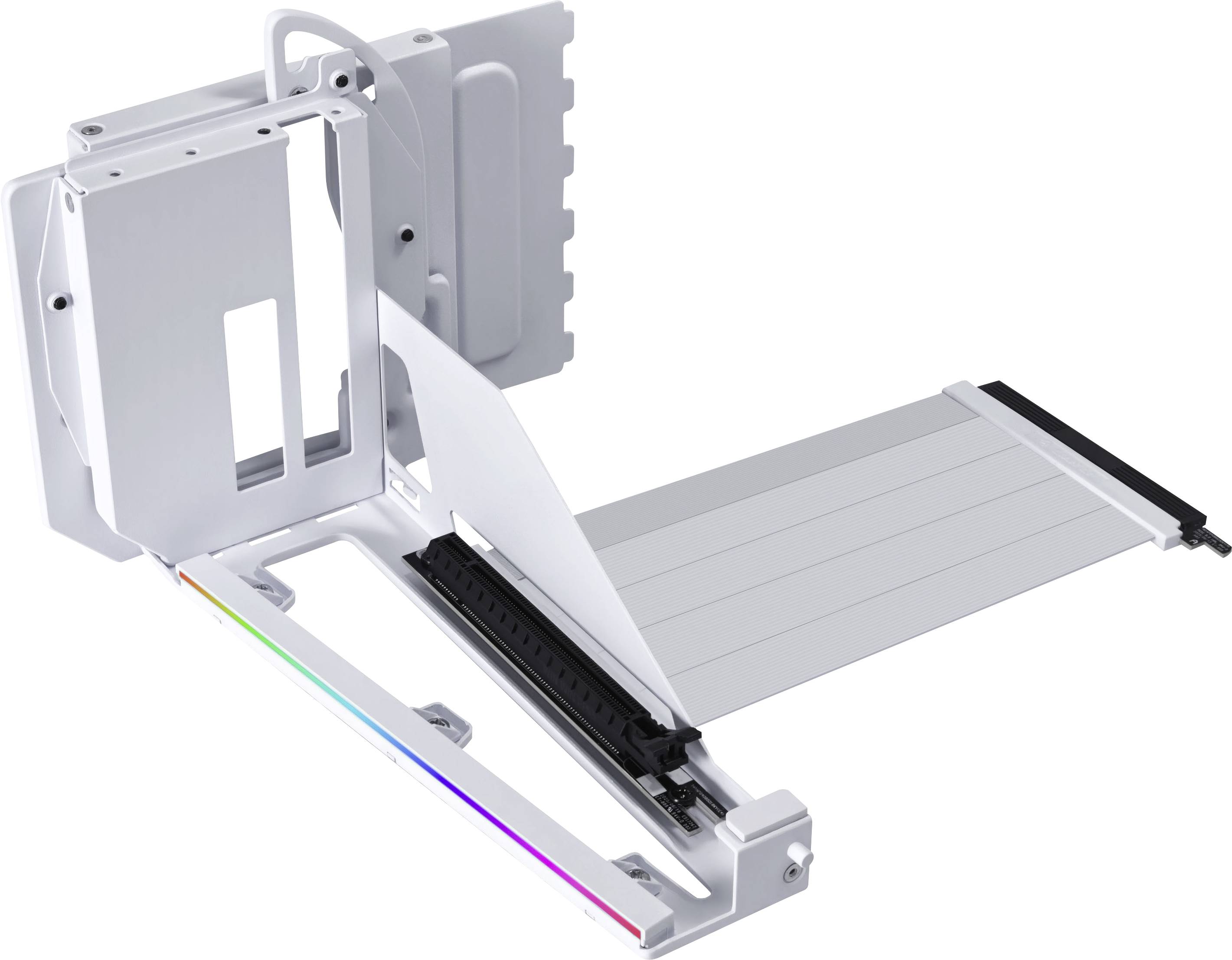 Bílý podpěrný držák grafické karty s páskem RGB osvětlení a nastavitelným podporným ramenem, navržený pro stabilizaci a vystavení GPU v počítačové skříni.