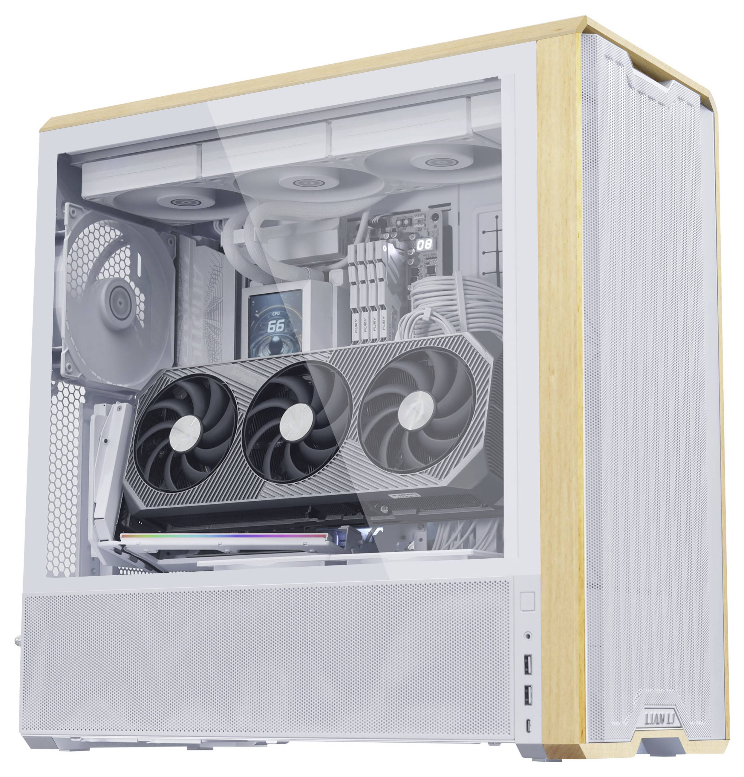 Středněvrstvé PC skříň s průhledným bočním panelem ukazující vnitřní součásti včetně chladících ventilátorů a grafické karty; design obsahuje prvky ze světlého dřeva.