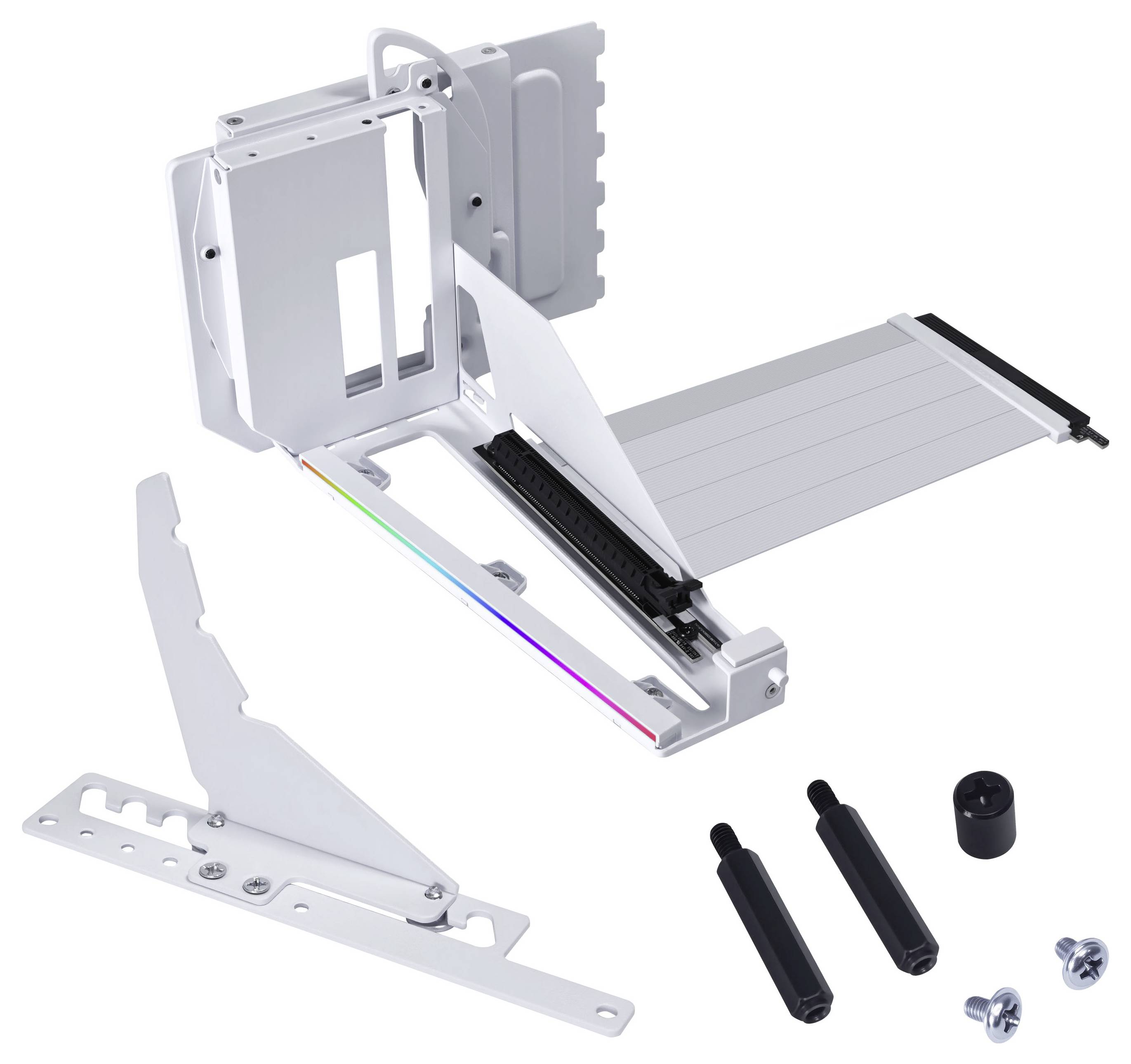 Souprava podporného držáku GPU v bílé barvě s nastavitelnými rameny, šrouby a komponenty, včetně vertikálního adaptéru a RGB pásku pro instalaci do PC.