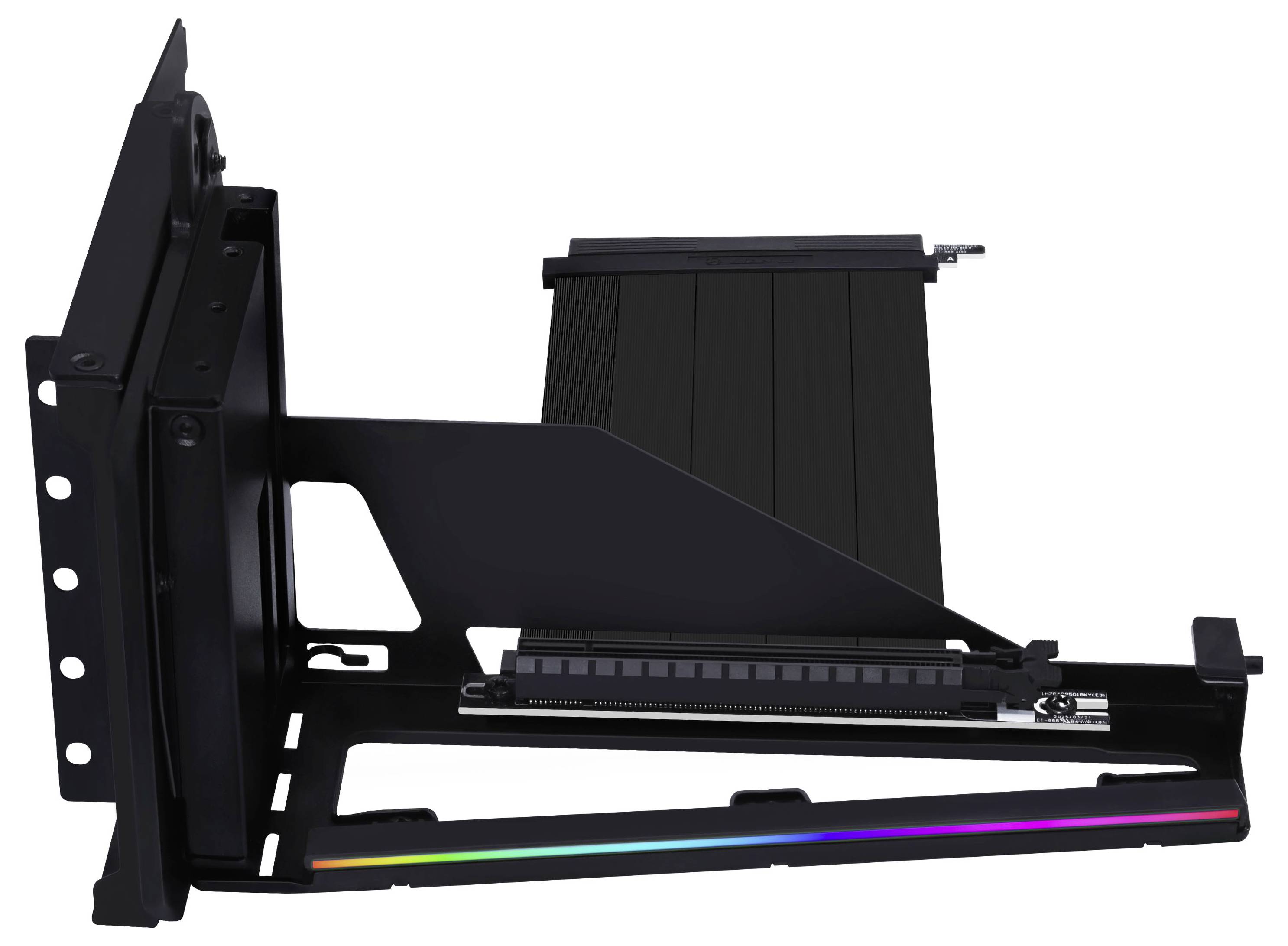 Vertikální GPU držák s nastavitelným RGB osvětlením, černá kovová konstrukce, připojený stojan, kompatibilní s PC skříněmi, pohled ze strany.