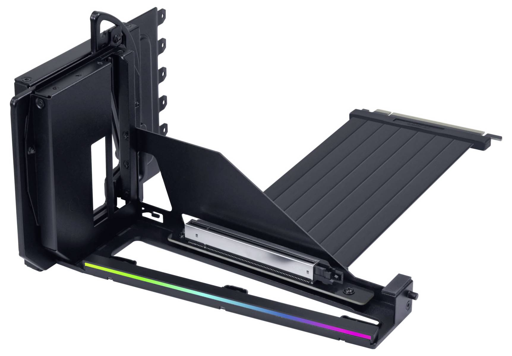 'Vertikální montážní konzola PCIe 5.0 v černé barvě s páskem RGB osvětlení, určená pro vnitřek skříně PC, s viditelným složeným a otevřeným rozšiřujícím mechanismem.'