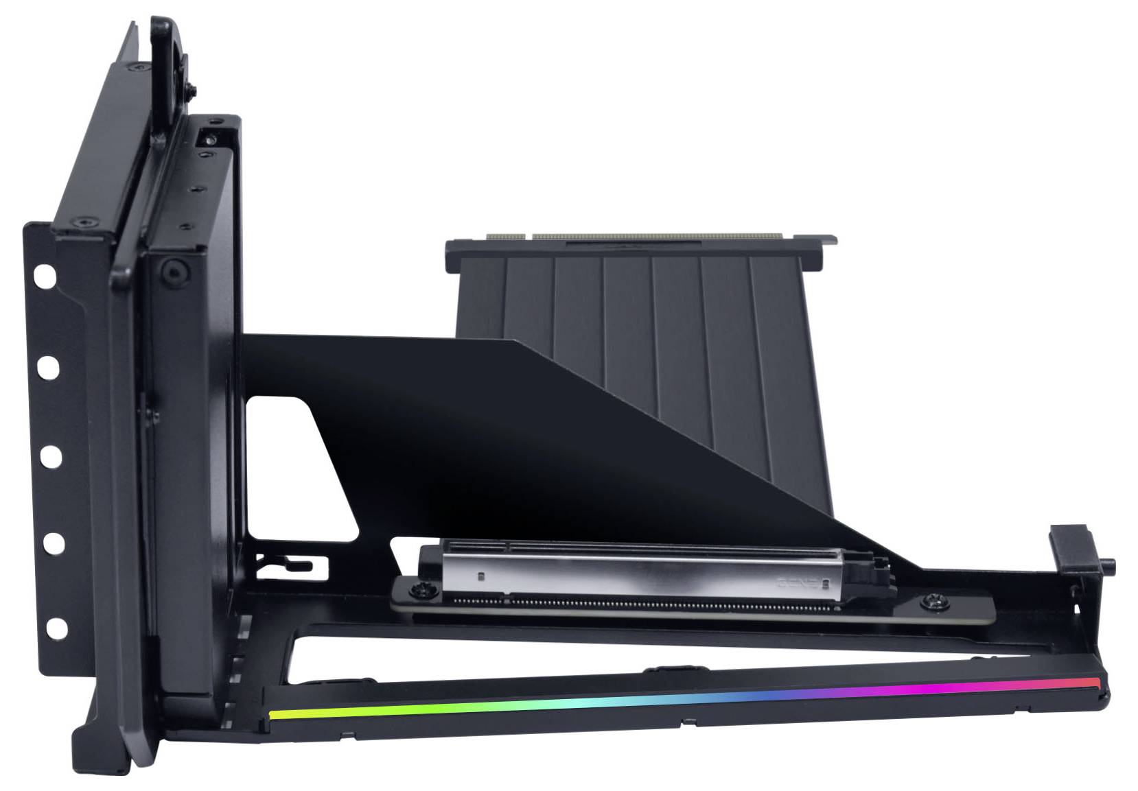 Černá podpěrná konzola GPU s naklápěcím panelem se štěrbinou spočívá na montážním stojanu a vyznačuje se jemným RGB páskem podél jeho okraje.