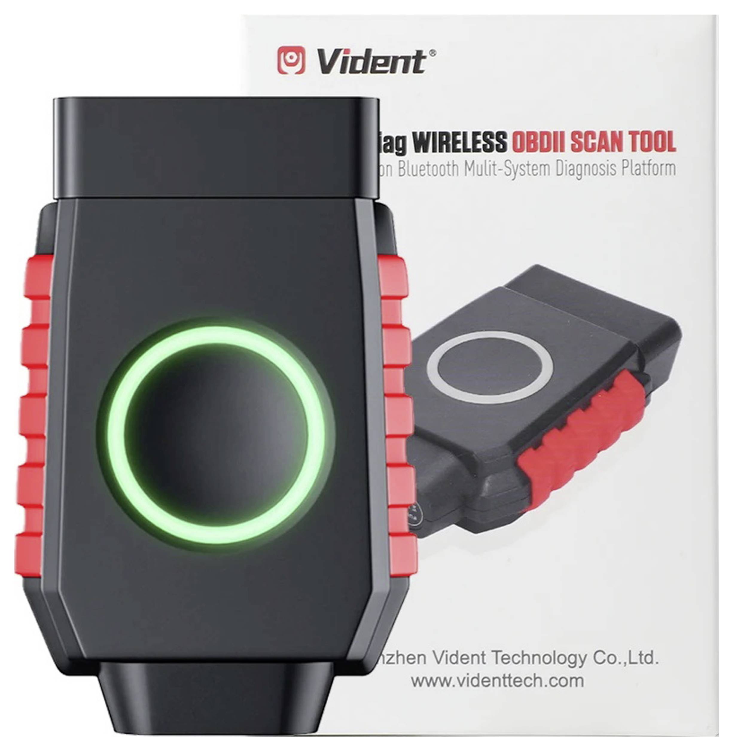 Nástroj pro diagnostiku vozidel 'Vident AceDiag Wireless OBDII' se zeleným LED indikátorem, zobrazen před svou krabicí. Pro diagnostiku vozidel a připojení přes Bluetooth.
