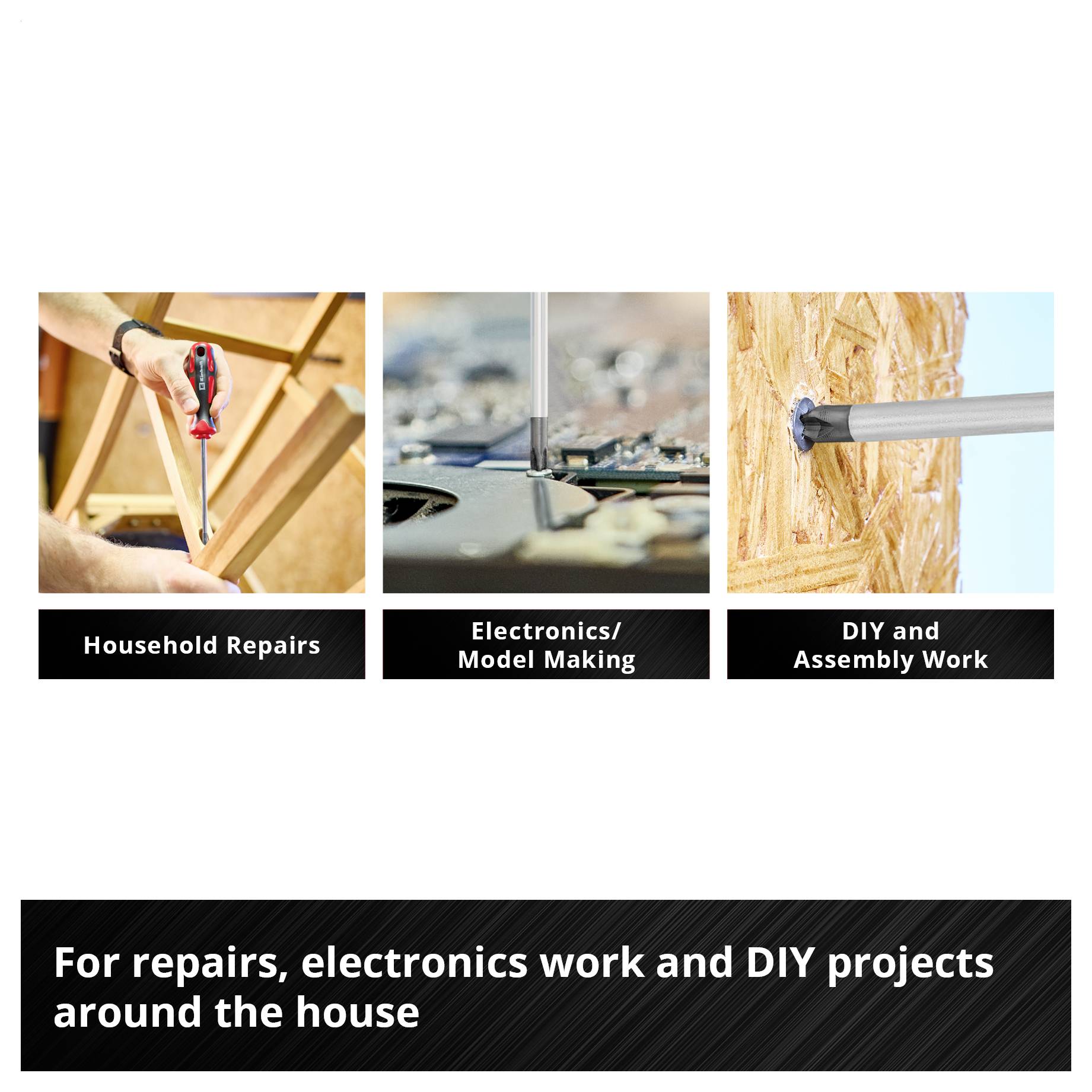 Tři obrázky ukazují ruční práce: domácí opravy, elektroniku/modelářství, DIY a montážní práce pro opravy v domácnosti.