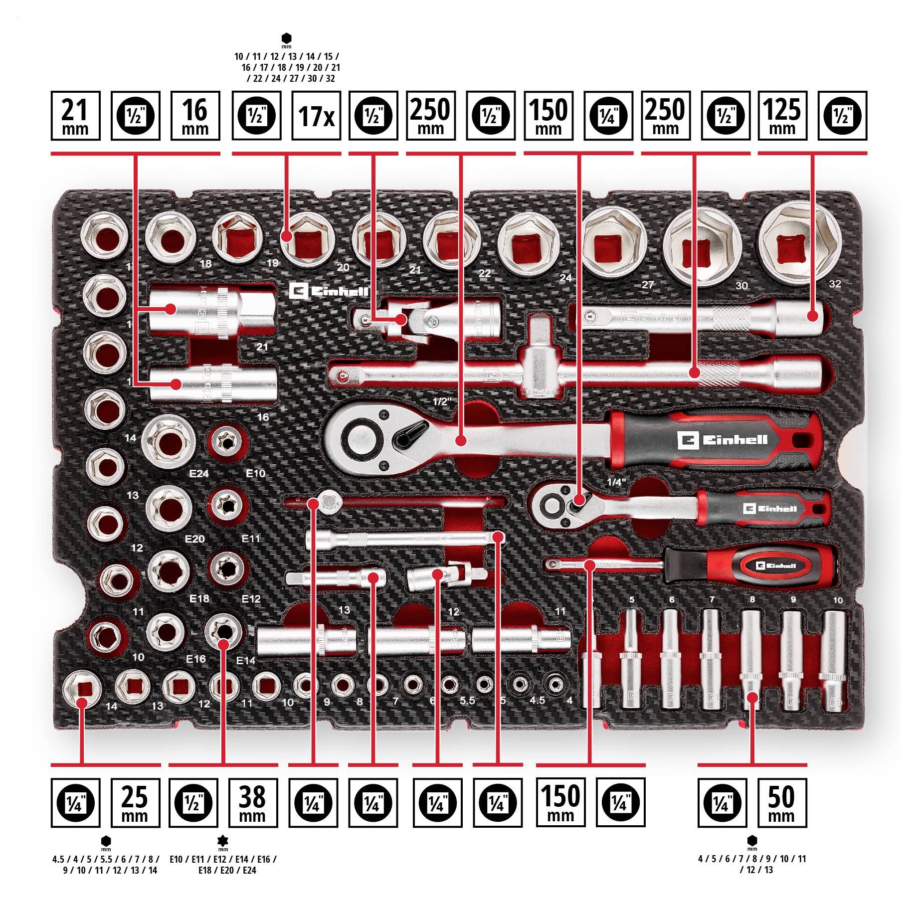 Einhell Stecknuss & Ratschen-Set 60-tlg. Einleger Pad, 370520 vložka, 60dílná-1