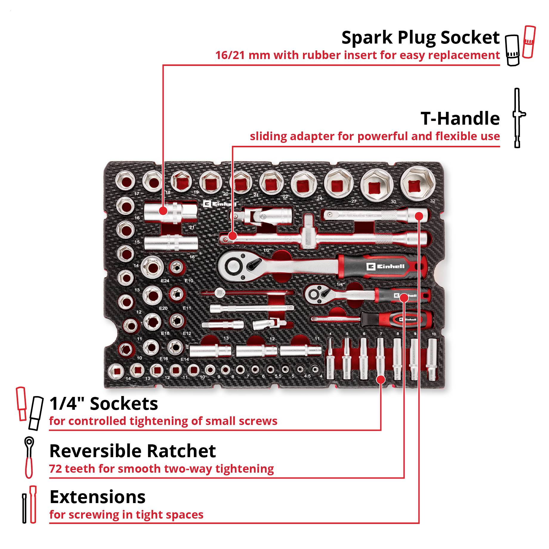 Einhell Stecknuss & Ratschen-Set 60-tlg. Einleger Pad, 370520 vložka, 60dílná-3