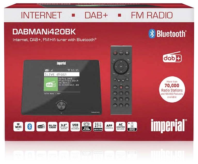 'Imperial DABMANi420BK' internetové rádio, DAB+, FM rádio s Bluetooth. Funkce zahrnují 70 000 stanic, barevný displej, dálkové ovládání.