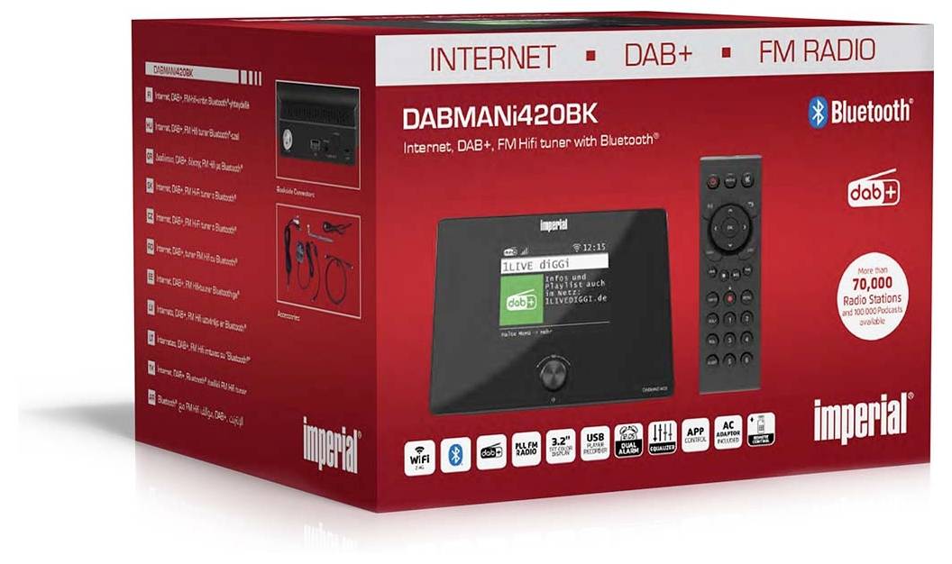 Krabice "Imperial Dabman i420" zobrazuje digitální přijímač rádia s internetem, DAB+, FM a funkcí Bluetooth. Obsahuje přes 70 000 radiových stanic.