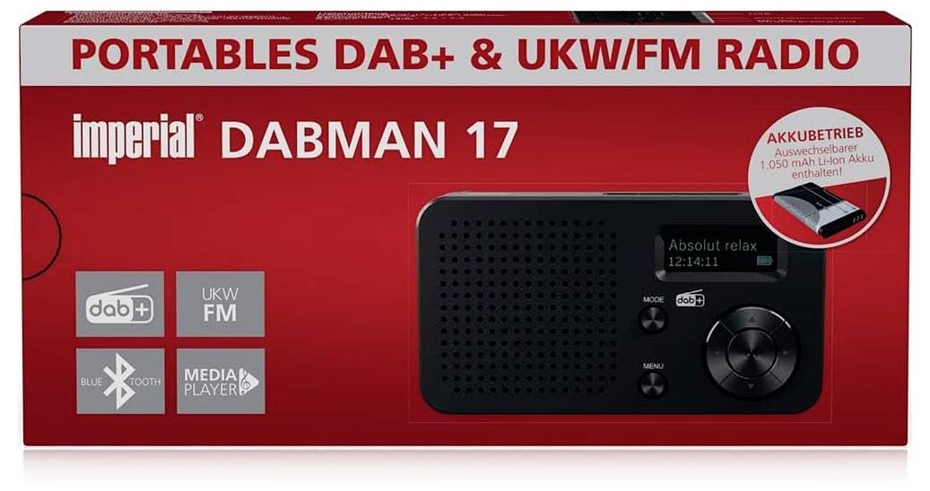 Krabicové balení pro „Imperial DABMAN 17", přenosné DAB+ a UKW/FM rádio. Mezi funkce patří malý digitální displej, ovládací tlačítka a nabíjecí baterie.