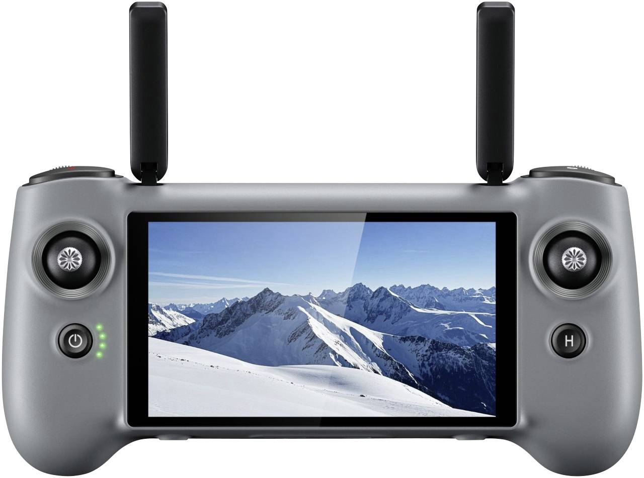 Ovladač dronu s obrazovkou zobrazující zasněženou horskou krajinu. Ovladač má dva joysticky a tlačítka pro navigaci.