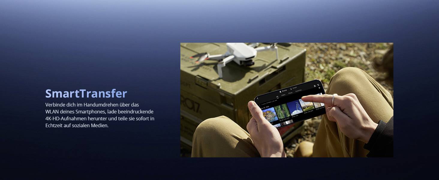Funkce „SmartTransfer": Okamžitě sdílejte 4K HDR fotografie dronu přes Wi-Fi na sociální média. Obrázek ukazuje osobu používající smartphone v blízkosti dronu.