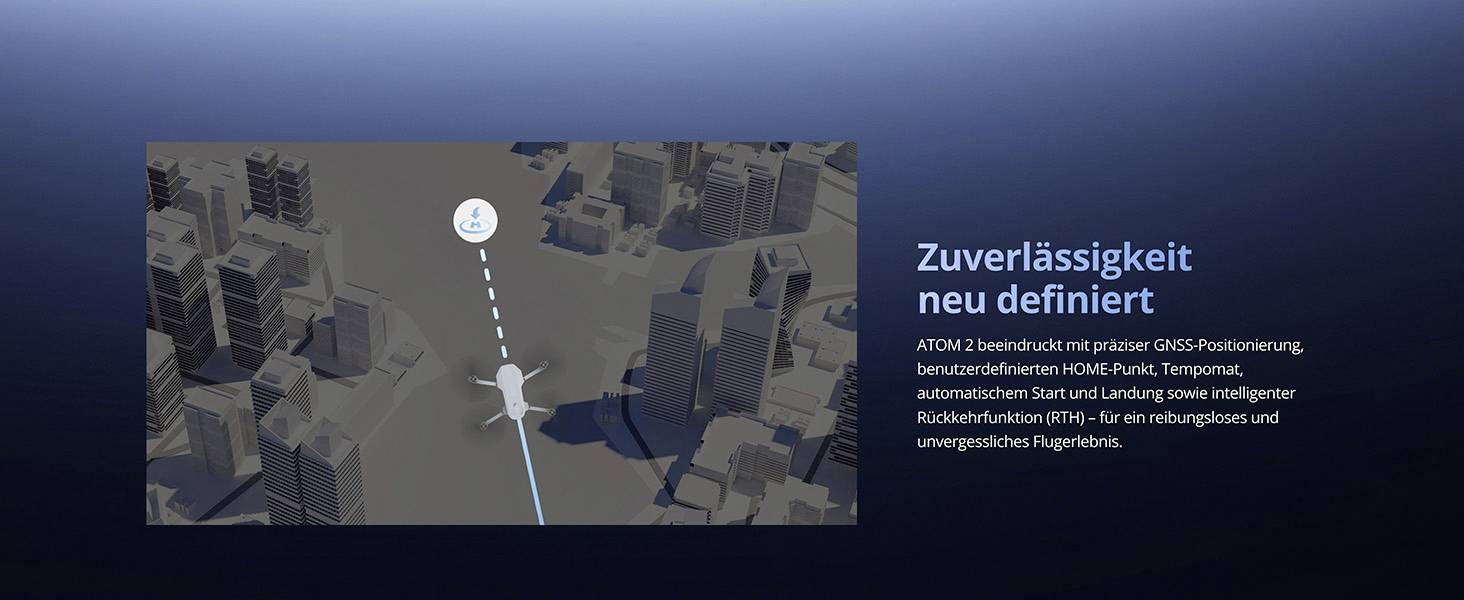 Letadlo létající nad městskou krajinou v noci ilustruje pokročilou technologii GNSS poziční určování. Text v němčině zní "Zuverlässigkeit neu definiert" a překládá se do češtiny jako "Spolehlivost předefinována" nebo "Spolehlivost nově definována".