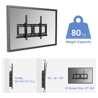 Nástěnný držák na televizi s plochým displejem určený pro váhu do 80 kg, pro obrazovky 37"-86", s profilem 54 mm a nastavitelným sklonem od +5° do -10°.