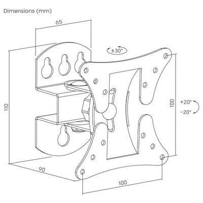 Diagram nástěnného držáku ukazující rozměry: výška 110 mm, šířka 100 mm, hloubka 90 mm. Sklon: ±20° vertikálně, ±30° horizontálně.