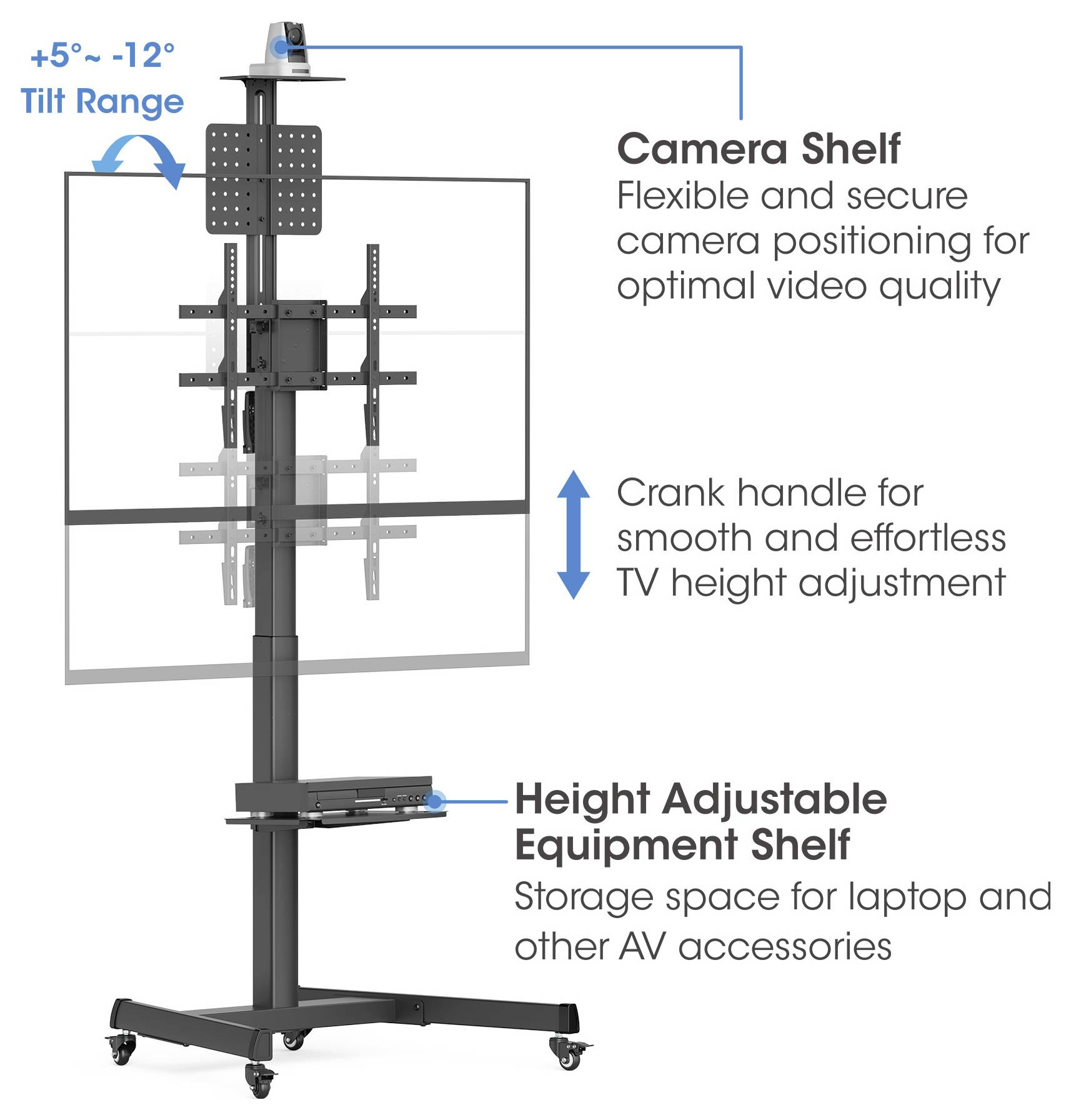 Mobilní TV stojan s nastavitelnou policí na kameru, klikou pro regulaci výšky TV a policí na AV příslušenství.