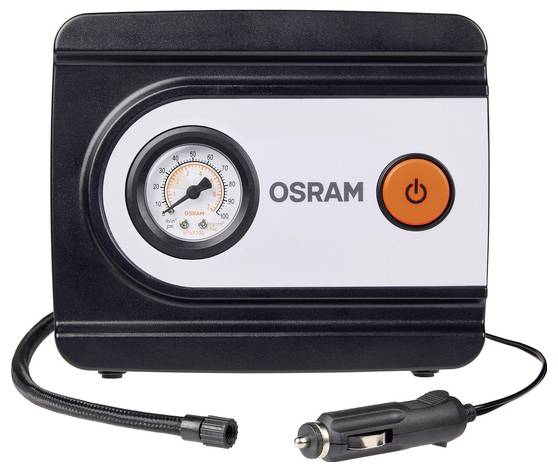 OSRAM přenosný kompresor na pneumatiky s tlakoměrem, tlačítkem napájení a zapalovačem do autozapalovače. Kompaktní design pro snadné skladování a použití.