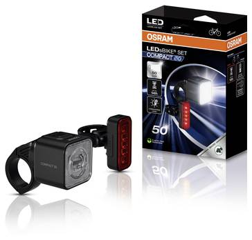 Sada LED osvětlení kola s předním a zadním světlem. Balení zobrazuje značku 'OSRAM,' funkce a specifikace jako 'COMPACT 50' a 50 luxů.