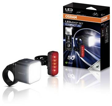 Sada LED cyklistických svítilen Osram, obsahuje přední a zadní světlo, zobrazeno s obalením zdůrazňujícím jas 50 luxů a vlastnosti odolnosti.