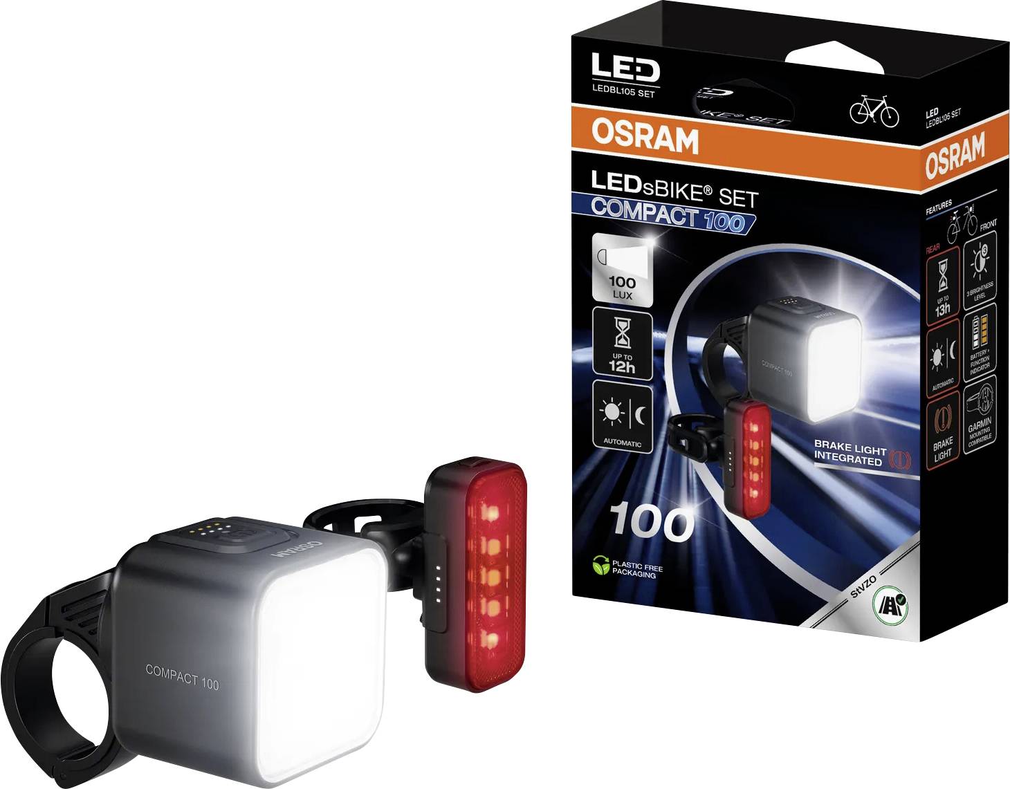 Sada černých a červených LED cyklomatických svetel s předním a zadním světlem. Balení v krabici zobrazuje "LED OSRAM LEDsbike set Compact 100".