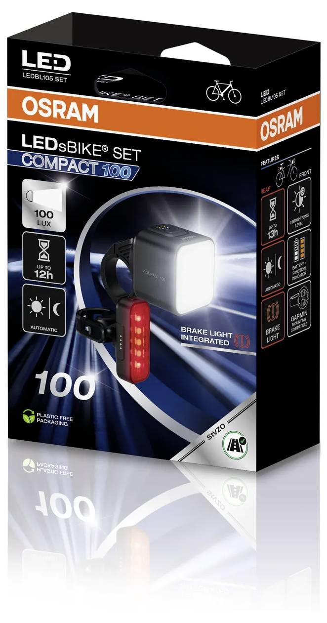 'Sada osvětlení OSRAM LED pro kolo, COMPACT 100, se 100 Luxem, automatickým brzdovým světlem a dobou provozu 12 hodin.'