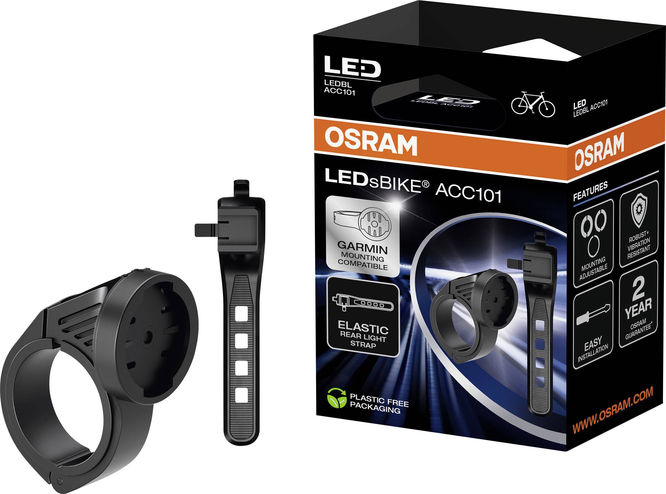 Balení a komponenty příslušenství 'OSRAM LEDbike ACC101' pro jízdní kola; obsahuje upevnění na řídítka a elastický pás pro zadní světlo.