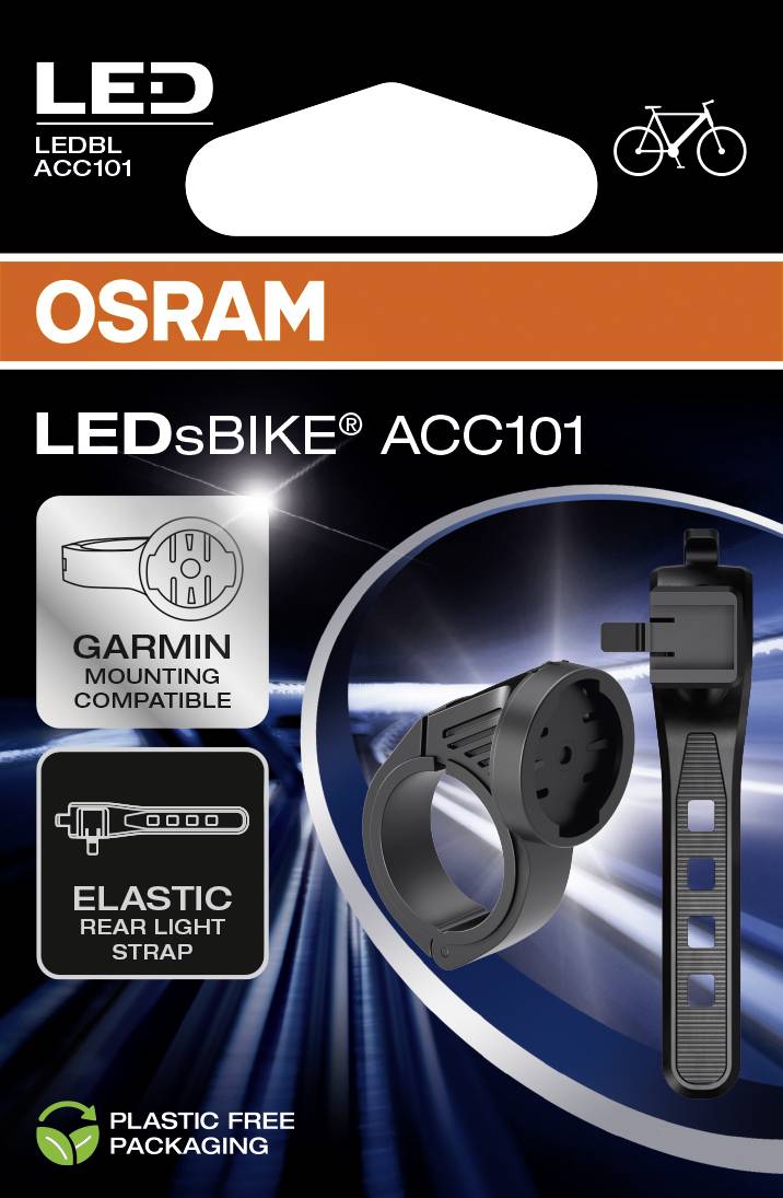 Balení osvětlení OSRAM LED sBike ACC101 na kole zobrazuje obrázek produktu, „kompatibilní s montáží Garmin" a „elastický pásek zadního světla."
