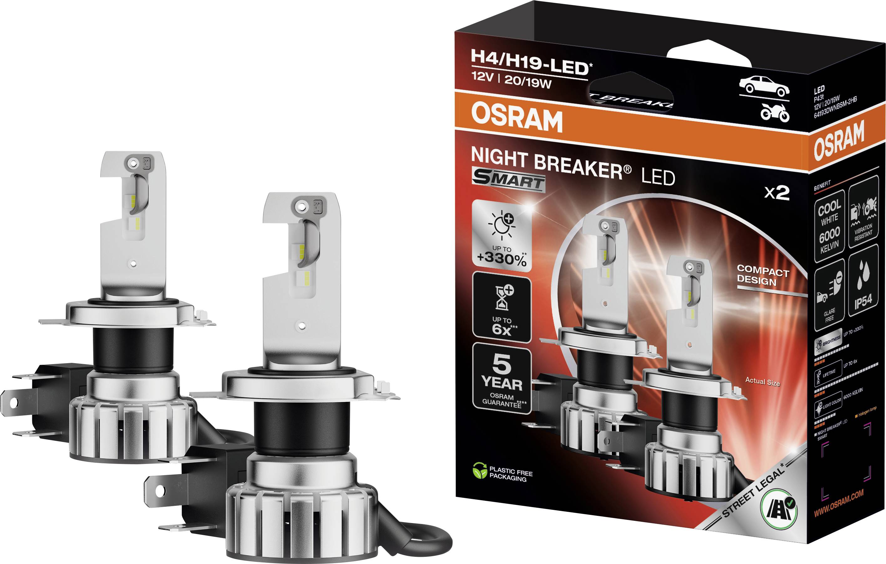 Balení automobilových přídavných světel „OSRAM Night Breaker LED" a dva LED žárovky. Zvýraznění: 12V, 20/19W, až o 330% jasnější, záruka 5 let.