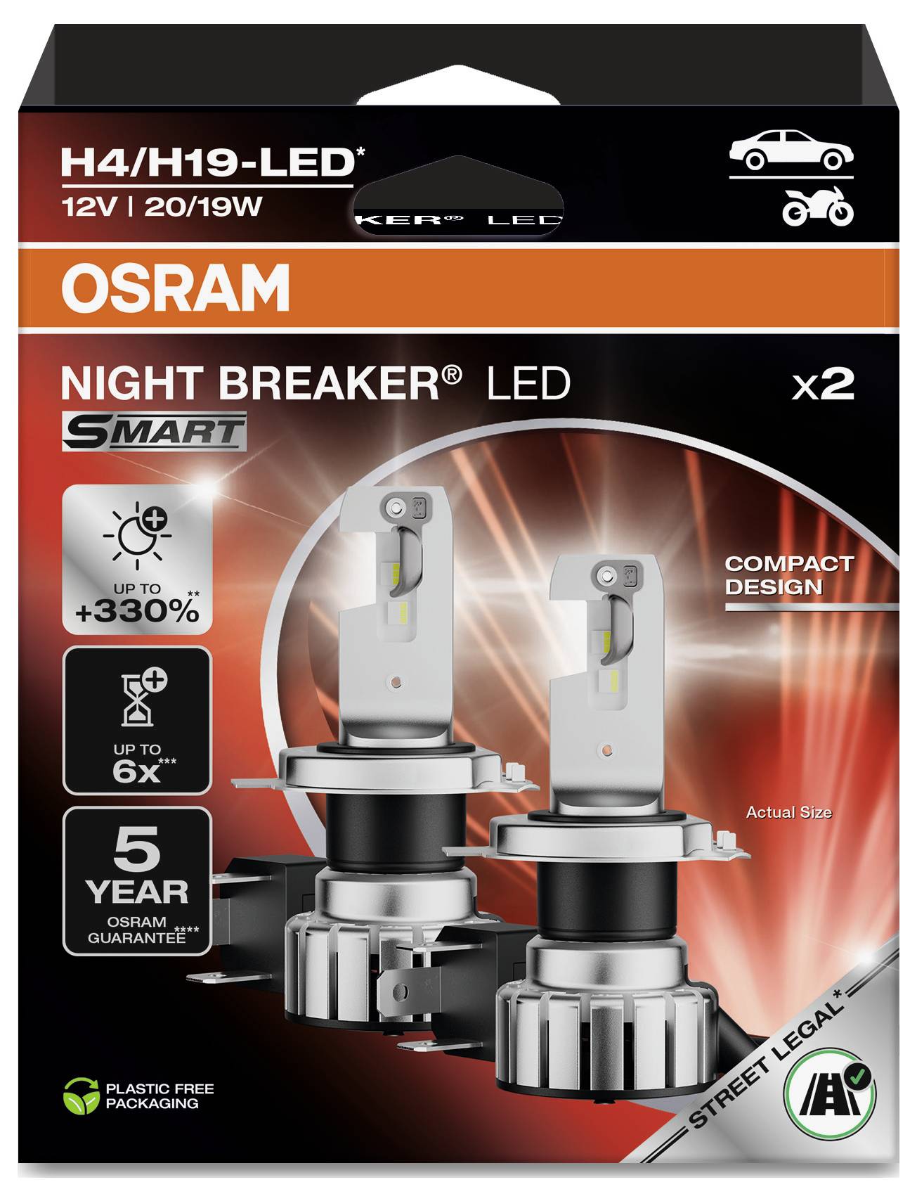 Balíček autožárovky 'OSRAM Night Breaker LED'. Nejvýznamnější vlastnosti: až +330% jas, kompaktní design, záruka 5 let, schváleno pro komunikace.