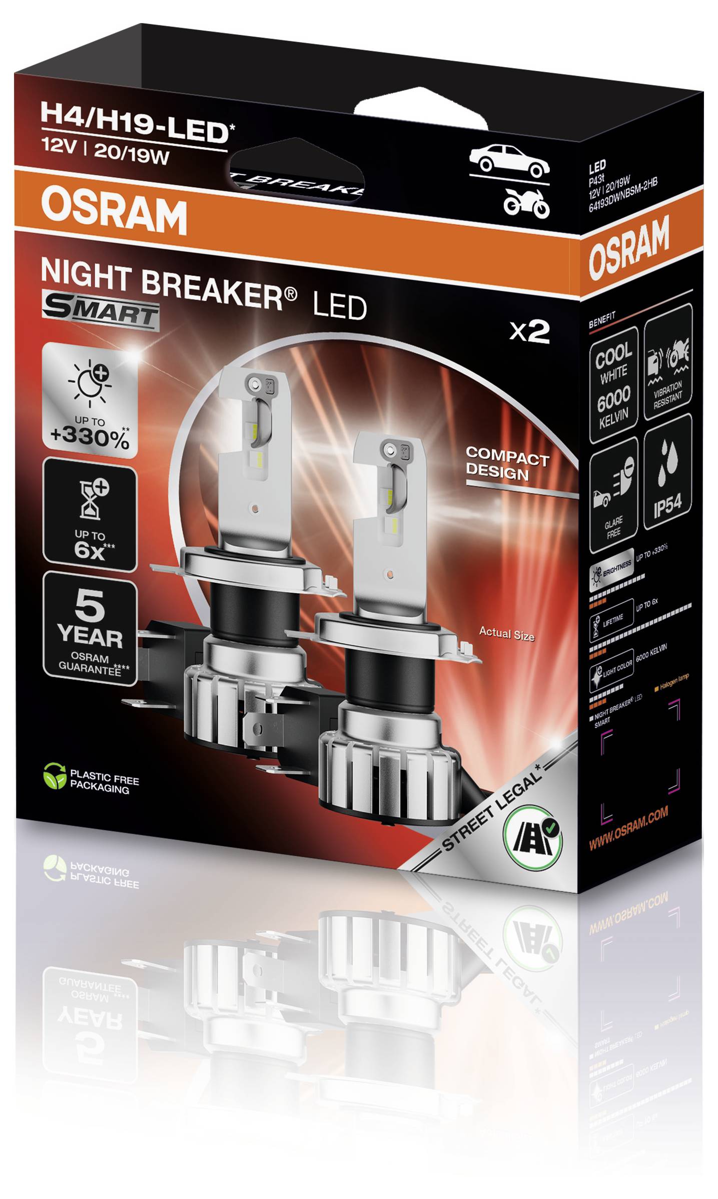 Obal žárovek „Osram Night Breaker LED" ukazuje dva žárovky se specifikací: H4/H19-LED, 12V, 20/19W, +330%, chladná bílá 6000K.