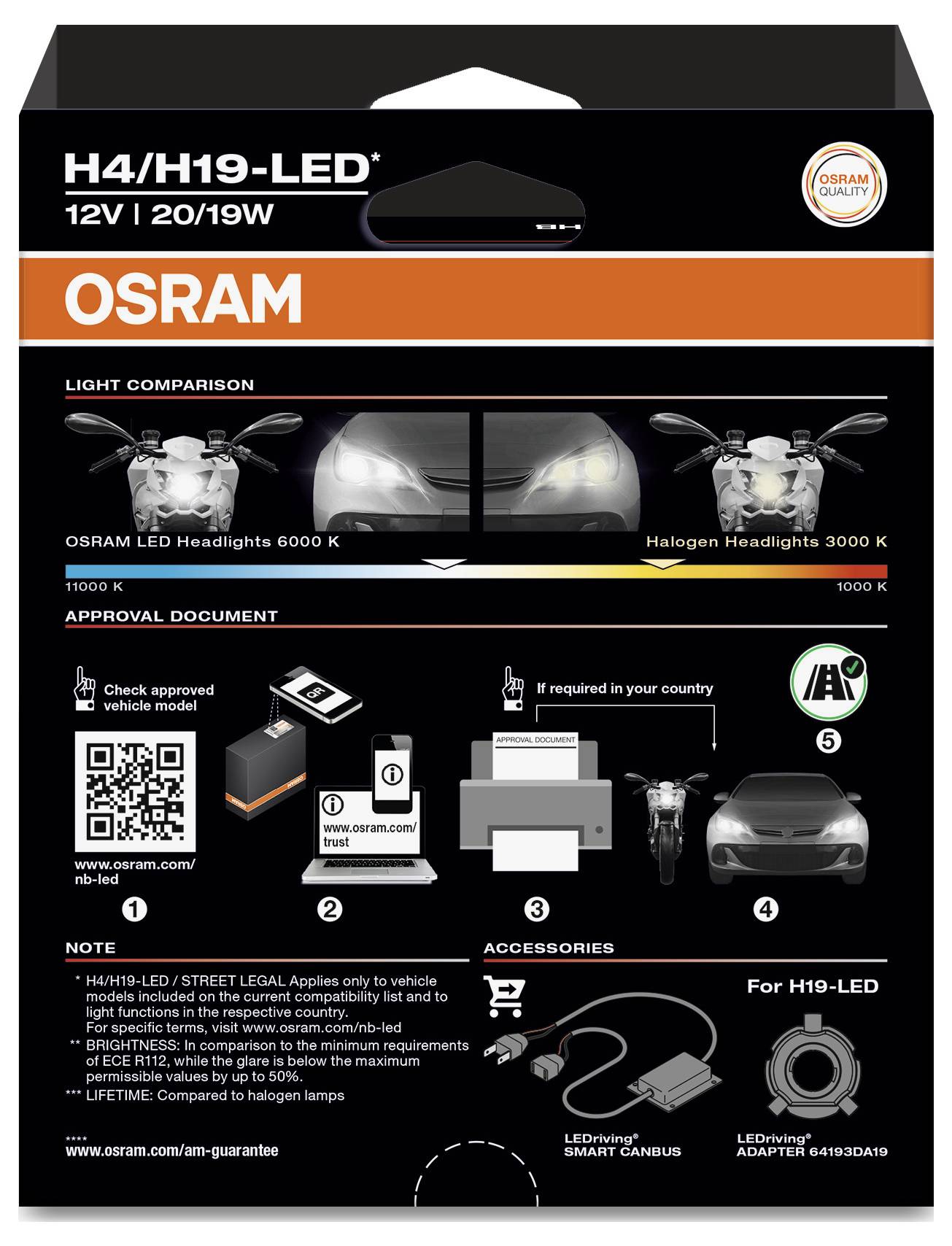 Balení 'OSRAM H4/H19-LED' zobrazující LED přední světlomety 6000K vs. Halogenové 3000K. Ikony ilustrují kompatibilitu a tipy na instalaci.