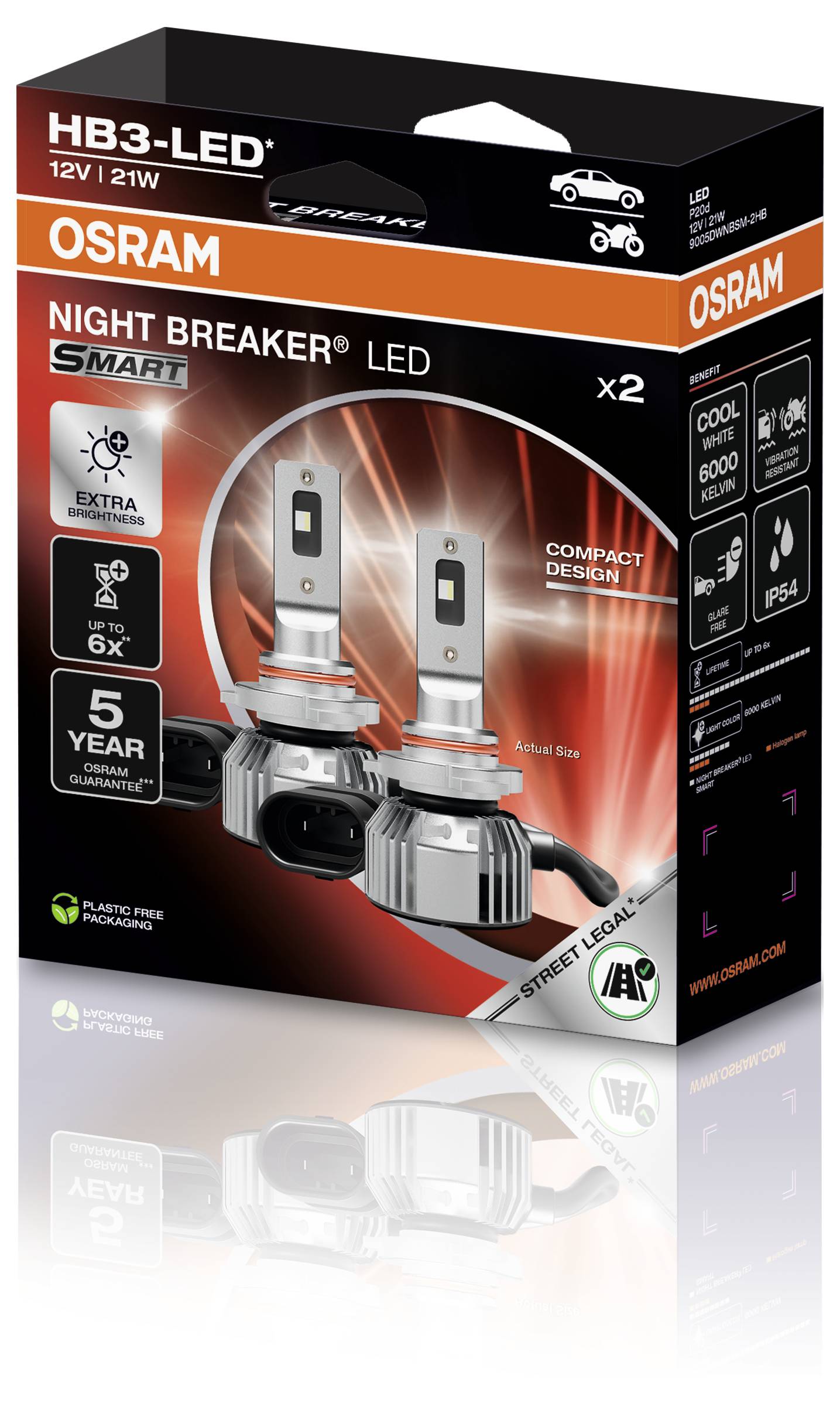 Obrázek zobrazuje balení žárovek do automobilních reflektorů "OSRAM Night Breaker LED" s kompaktním designem a zárukou na 5 let.