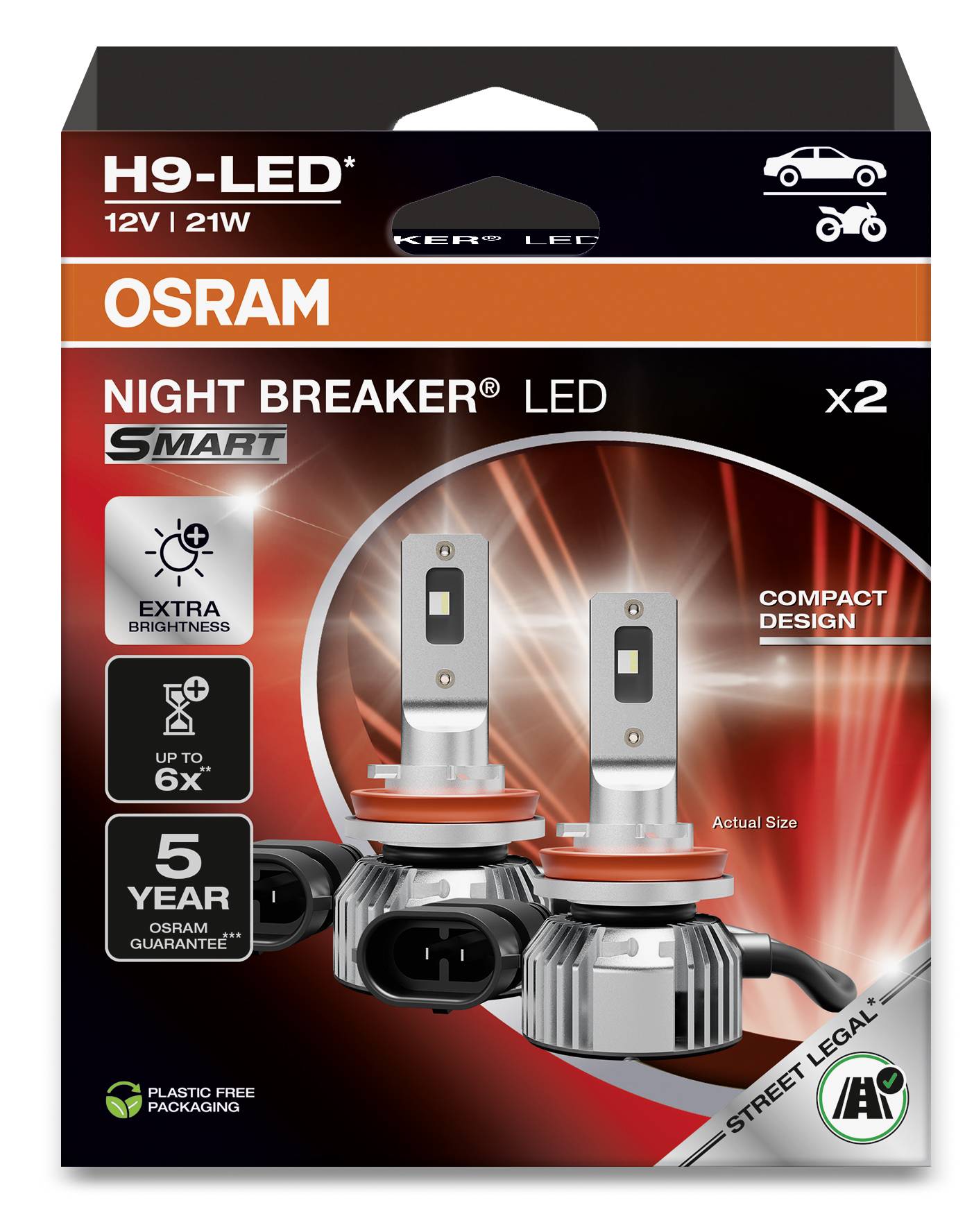 Balení automobilové žárovky 'Osram Night Breaker LED'. Ukazuje dva LED prvky, zvýrazňuje vlastnosti: mimořádná jasnost, kompaktní design, záruka na 5 let, schváleno pro provoz na veřejných komunikacích.