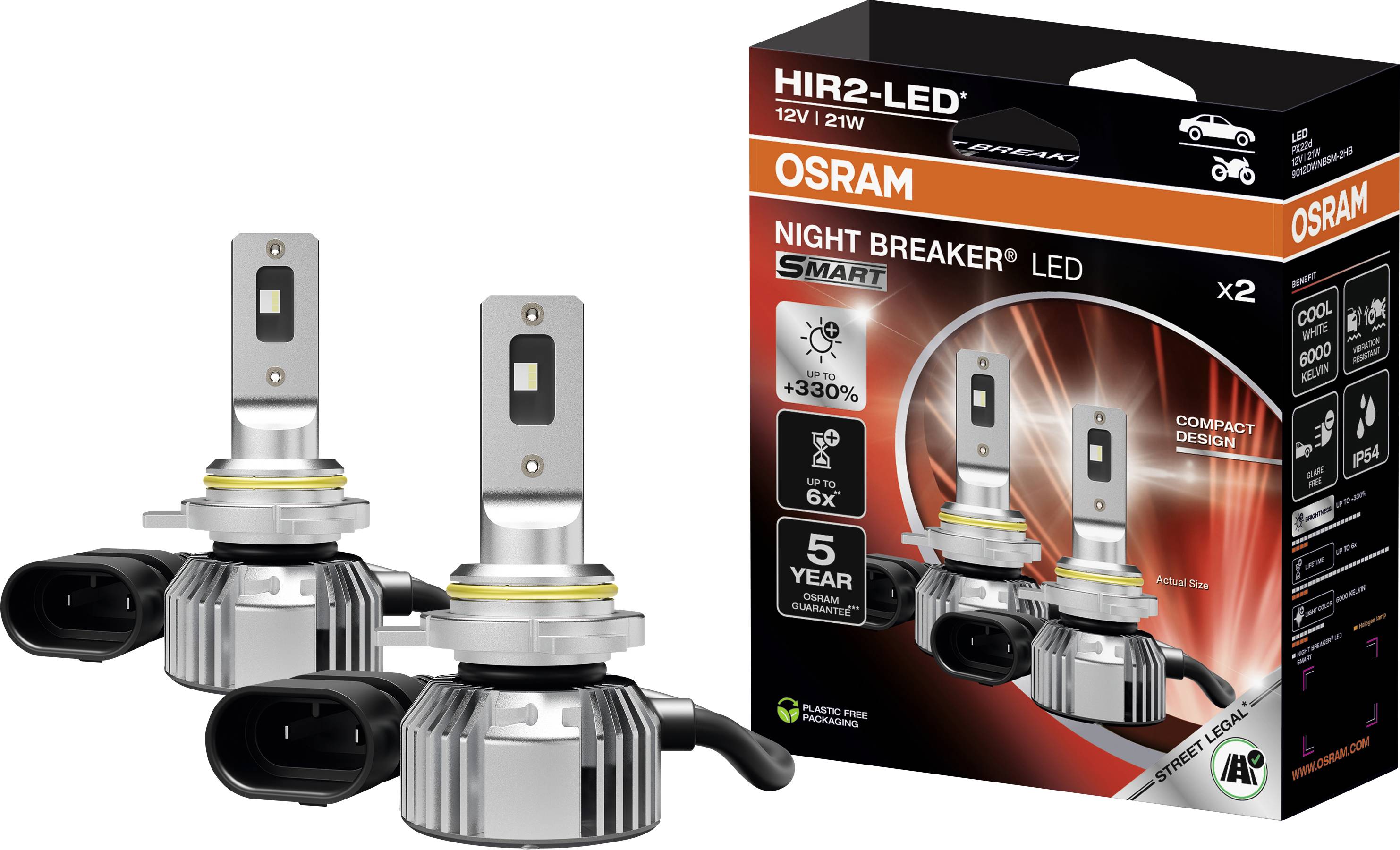 Přední světlomety OSRAM Night Breaker LED s 5letou zárukou, kompaktním designem a 330% vyšší svítivostí, prezentovány s obalem.