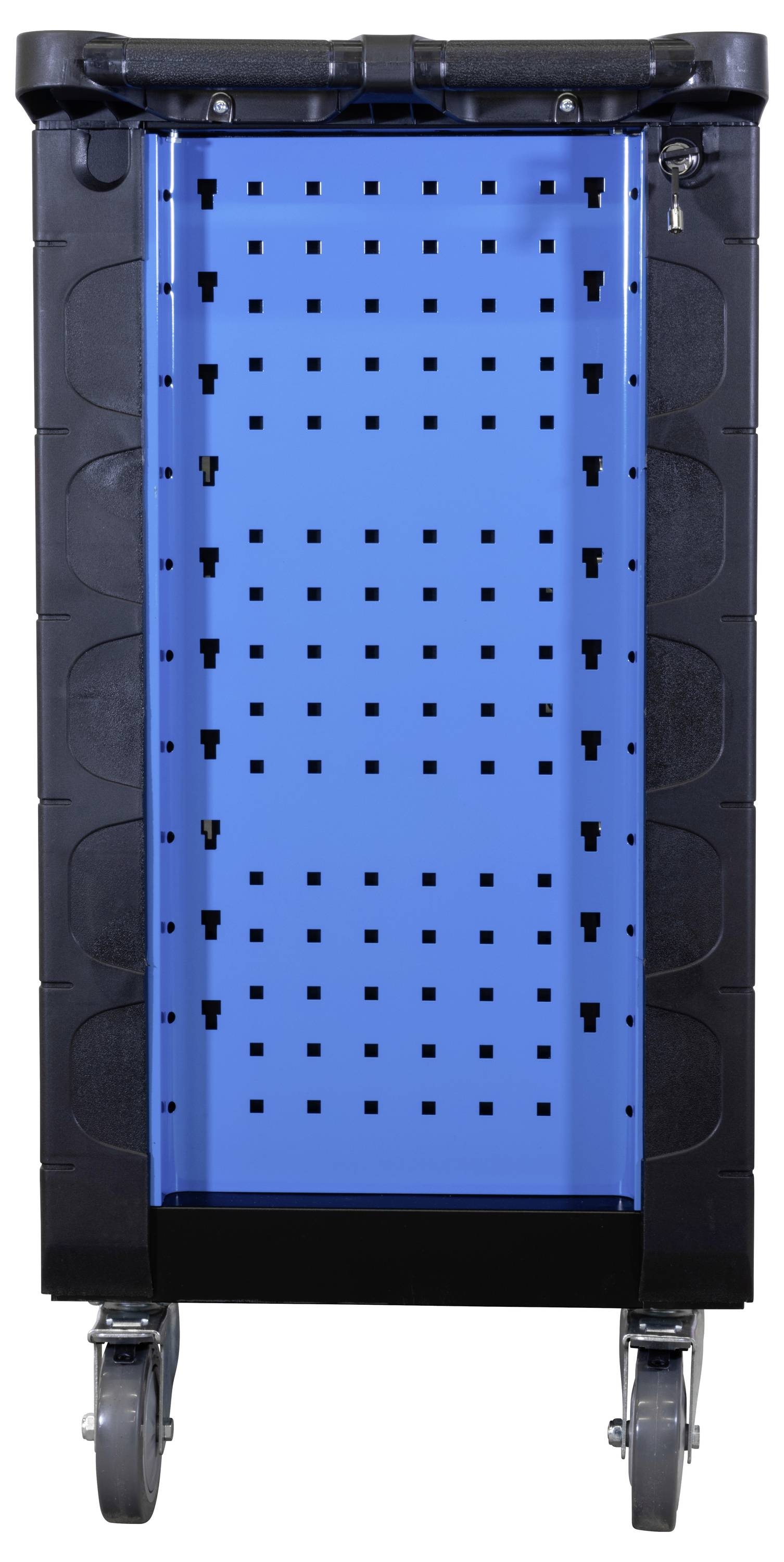 Černý a modrý pojízdný vozík s děrovaným panelem na zavěšování nástrojů, zobrazený na bílém pozadí.