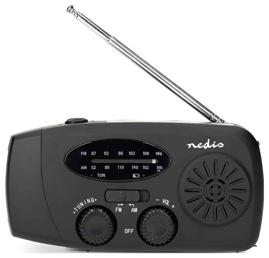 Přenosný černý rádio s výsuvnou anténou, zobrazující frekvence FM/AM, knoflíky pro ladění a hlasitost a reproduktor na pravé straně.