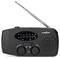 Přenosný černý rádio s výsuvnou anténou, zobrazující frekvence FM/AM, knoflíky pro ladění a hlasitost a reproduktor na pravé straně.